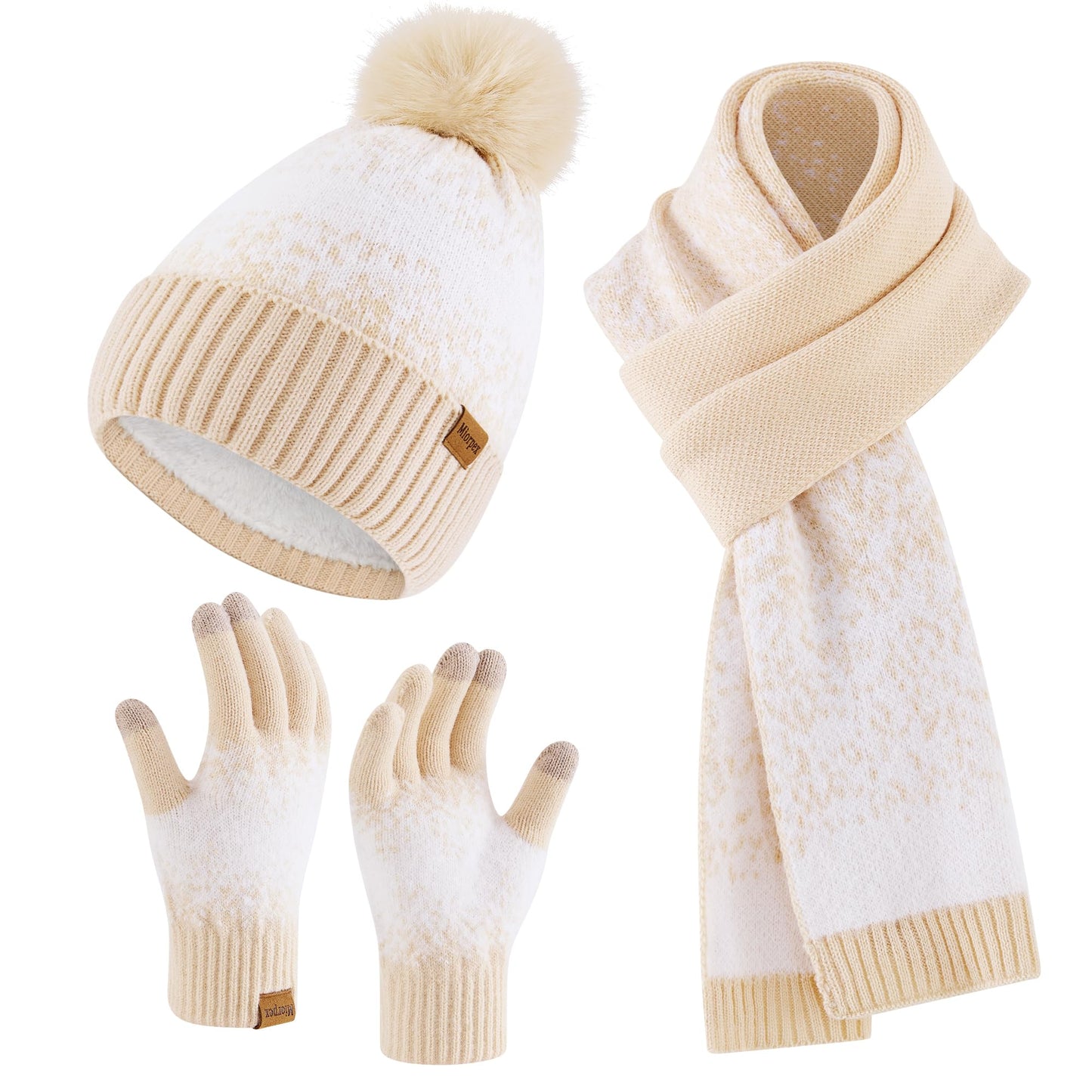 Miorpex Womens Winter Beanie Hat Touchscreen Gloves Long Scarf 3 Set with Warm Fleece Lined Knit Skull Caps Scarves for Women Apricot White