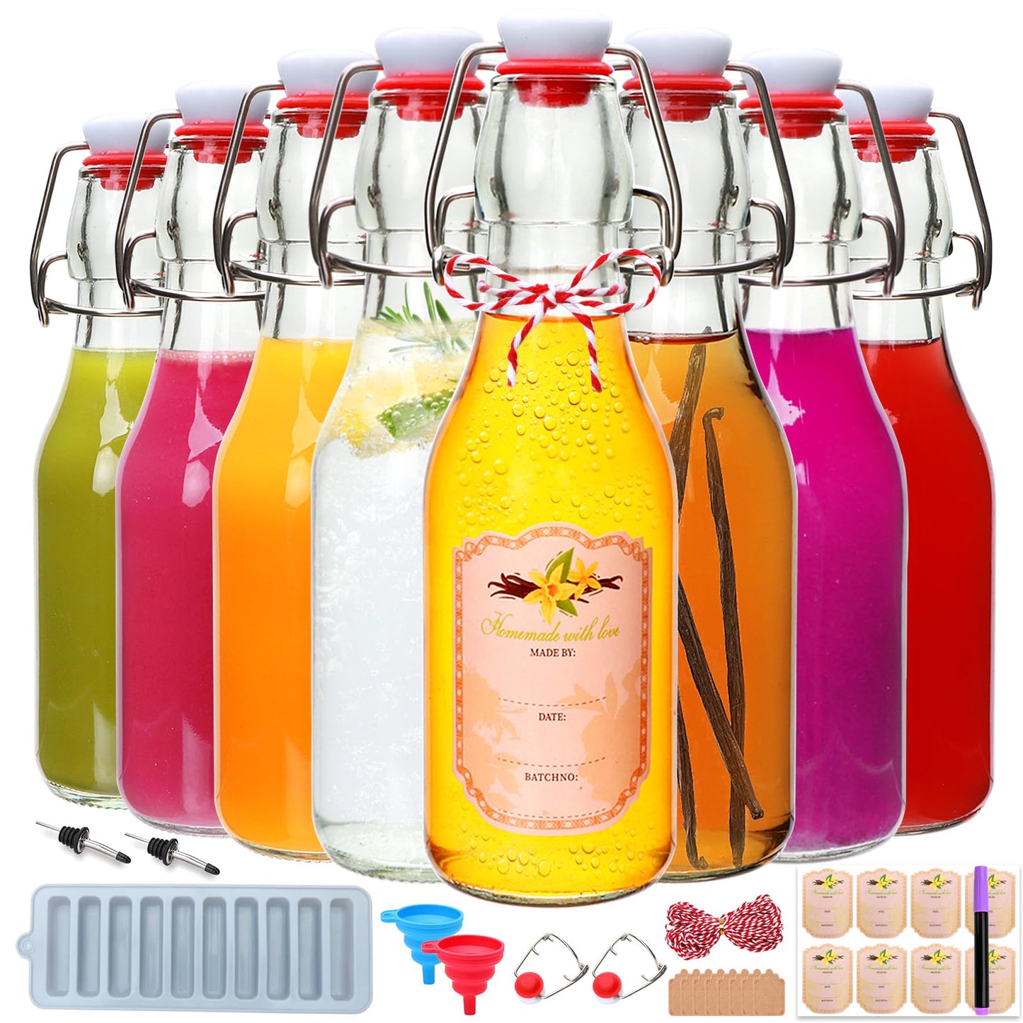 Brajttt 8 Set,8oz Flip Top Glass Bottle,Kombucha Bottles with Airtight Lid,Coquito Swing Top Glass Bottles with Lid for Oil, Beer, Soda Water, Vinegar, Lemonade, Juice, Honey, DIY Storage Containers