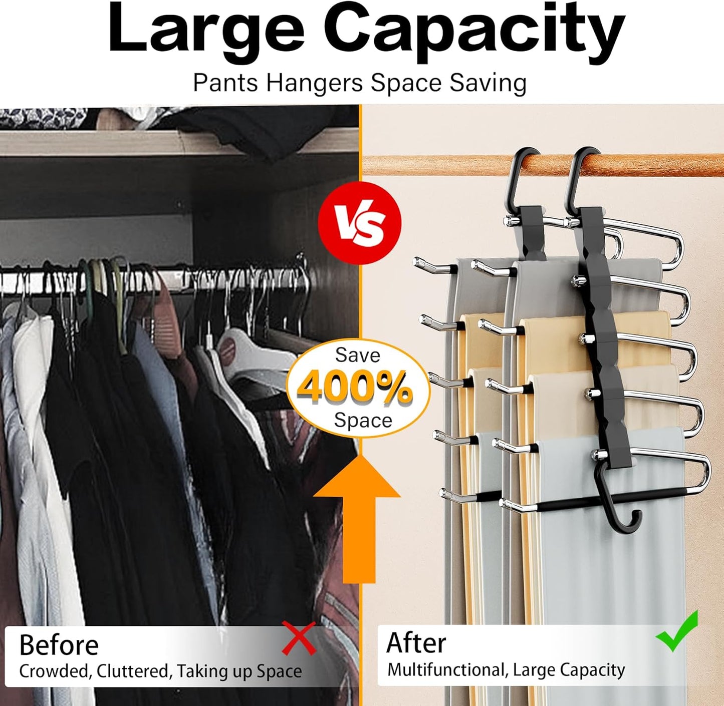 Skiennix Pants Hangers - Space-Saving Closet Organizer | 2-Pack Stainless Steel Anti-Slip Jean Hangers, Black