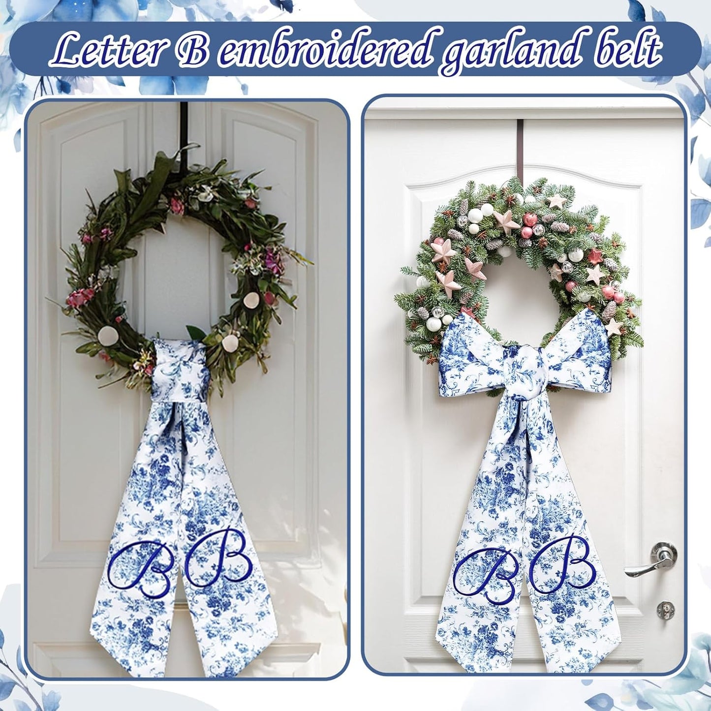 Mindsoft Monogram Wreath Sashes - Embroidered Letter B Design | 56.2 Inch Blue & White Door Decor