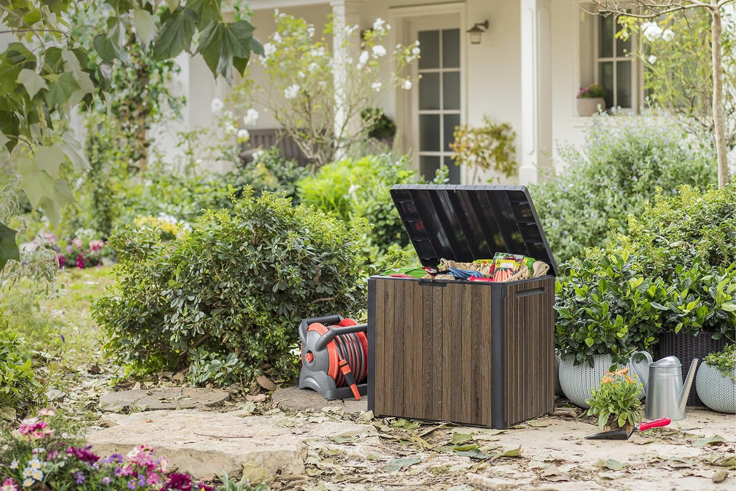 Keter Signature Everwood 30 Gallon Outdoor Storage Box - Stylish Patio Furniture & Garden Organizer, Walnut