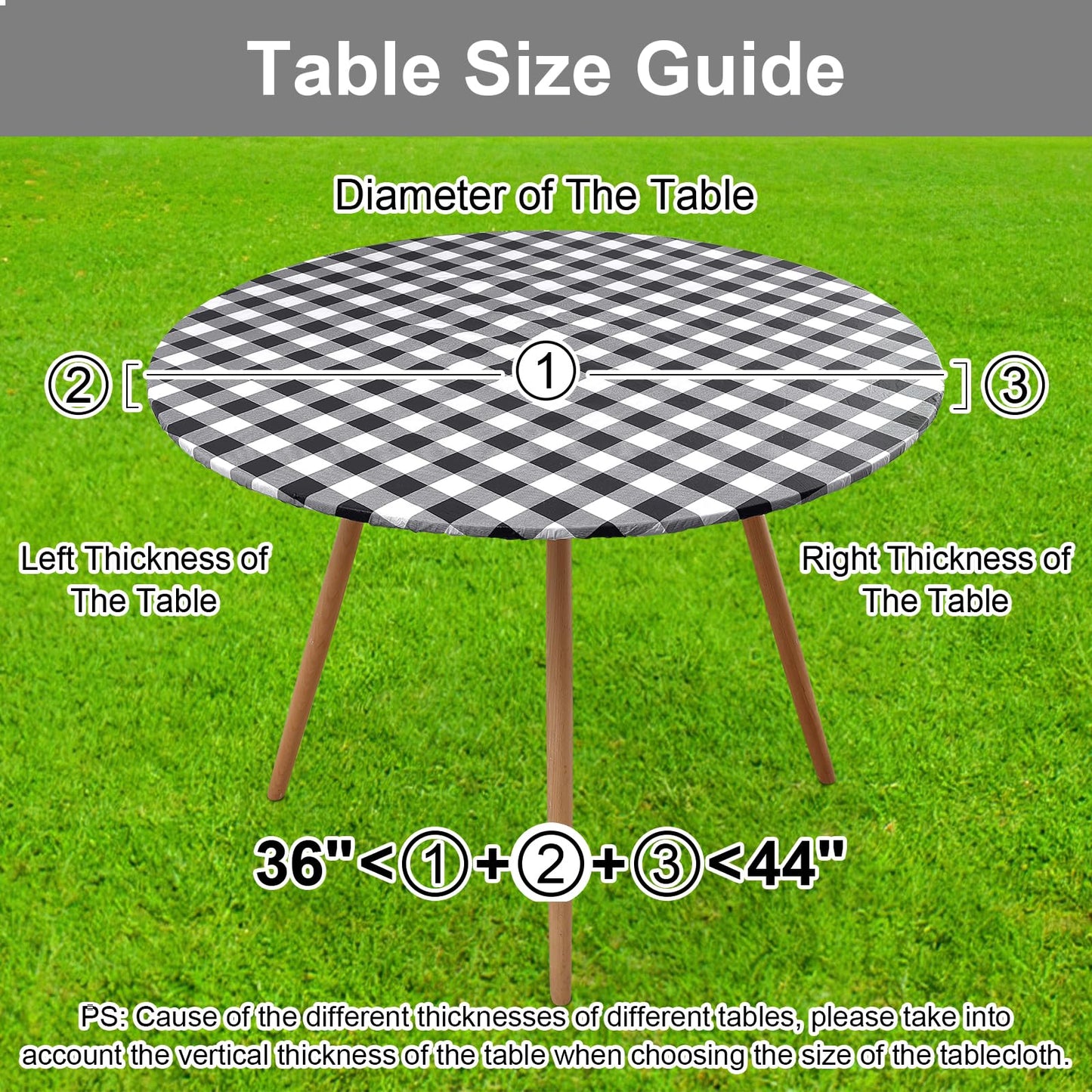 Smiry Round Picnic Tablecloth, Elastic Waterproof Fitted Vinyl Tablecloths for 36"-44" Tables, Flannel Backed Buffalo Plaid Table Cover for Dining, Camping, Outdoor, Black and White