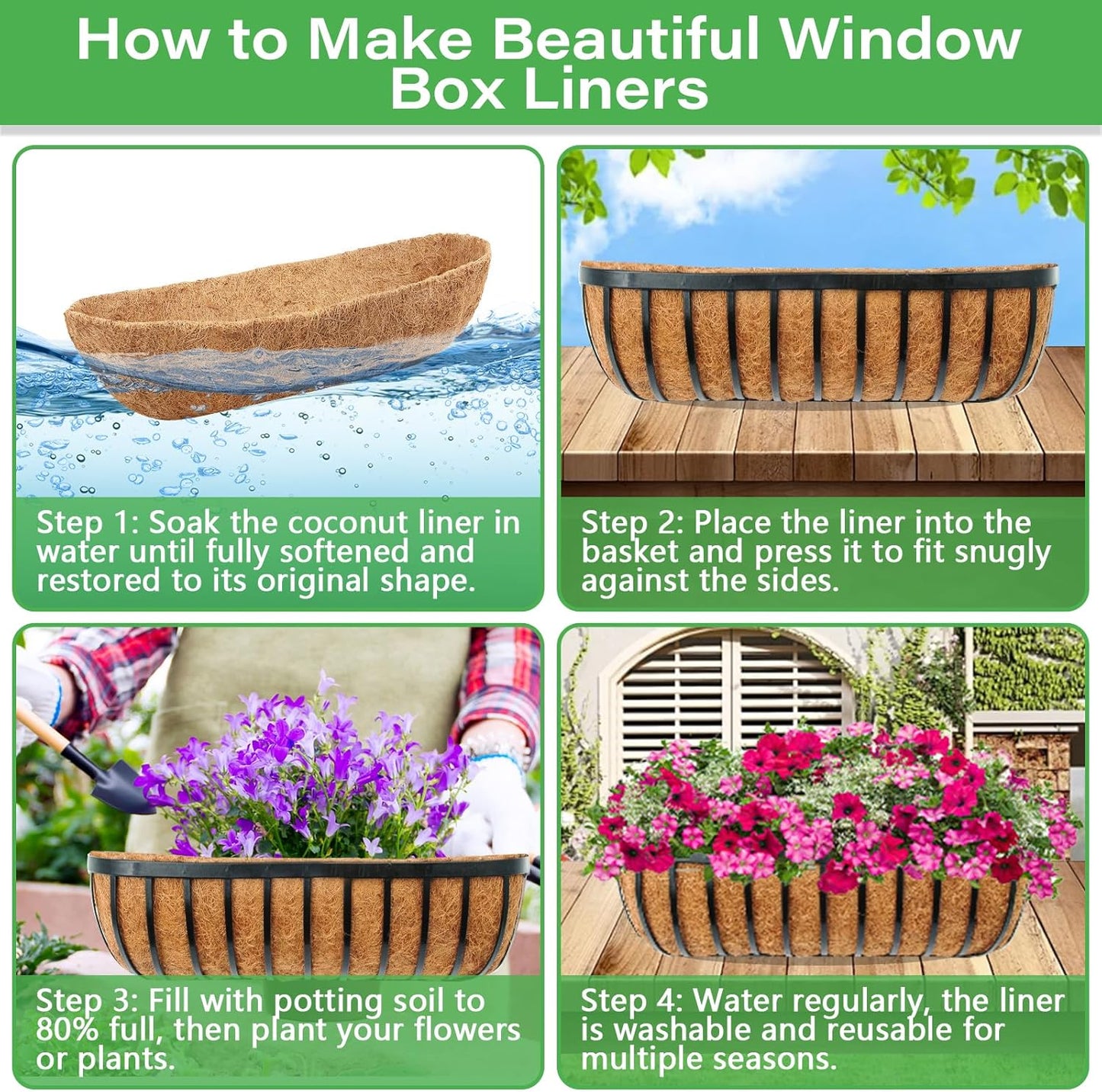 Legigo 30-Inch Coco Liner for Planters - 2 Pack Coconut Coir Basket Liners for Window Boxes & Wall Planters