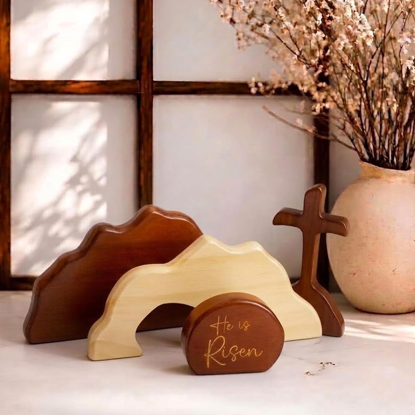Natural Wood Easter Decor - He Is Risen Empty Tomb Scene | Christian Spring Decorations for Home & Church