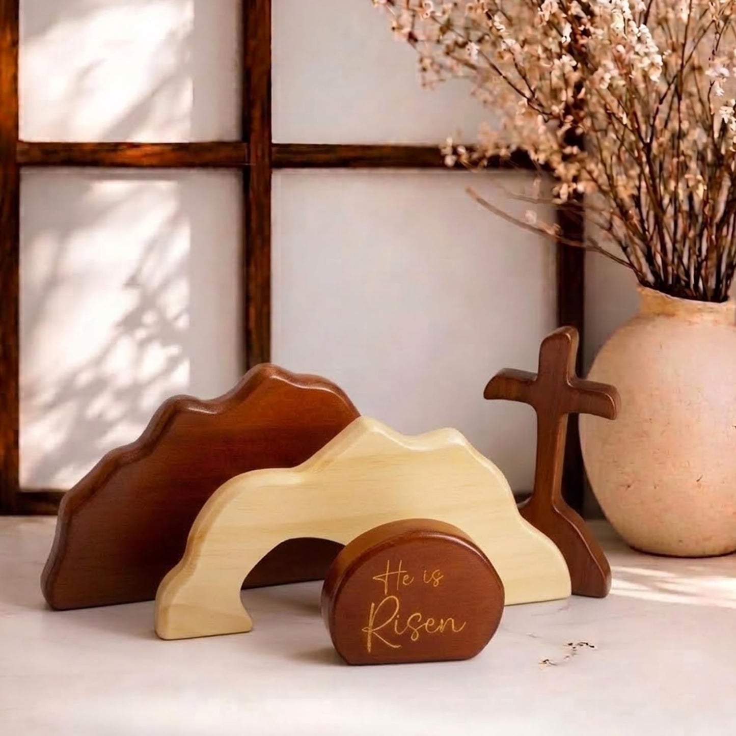 Empty Tomb Scene Spring Easter Decorations, He is Risen Natural Wood Easter Decor, Christian Resurrection Scene, Religious Easter Decorations for Home, Church, Office, He is Risen Table Decor Gifts