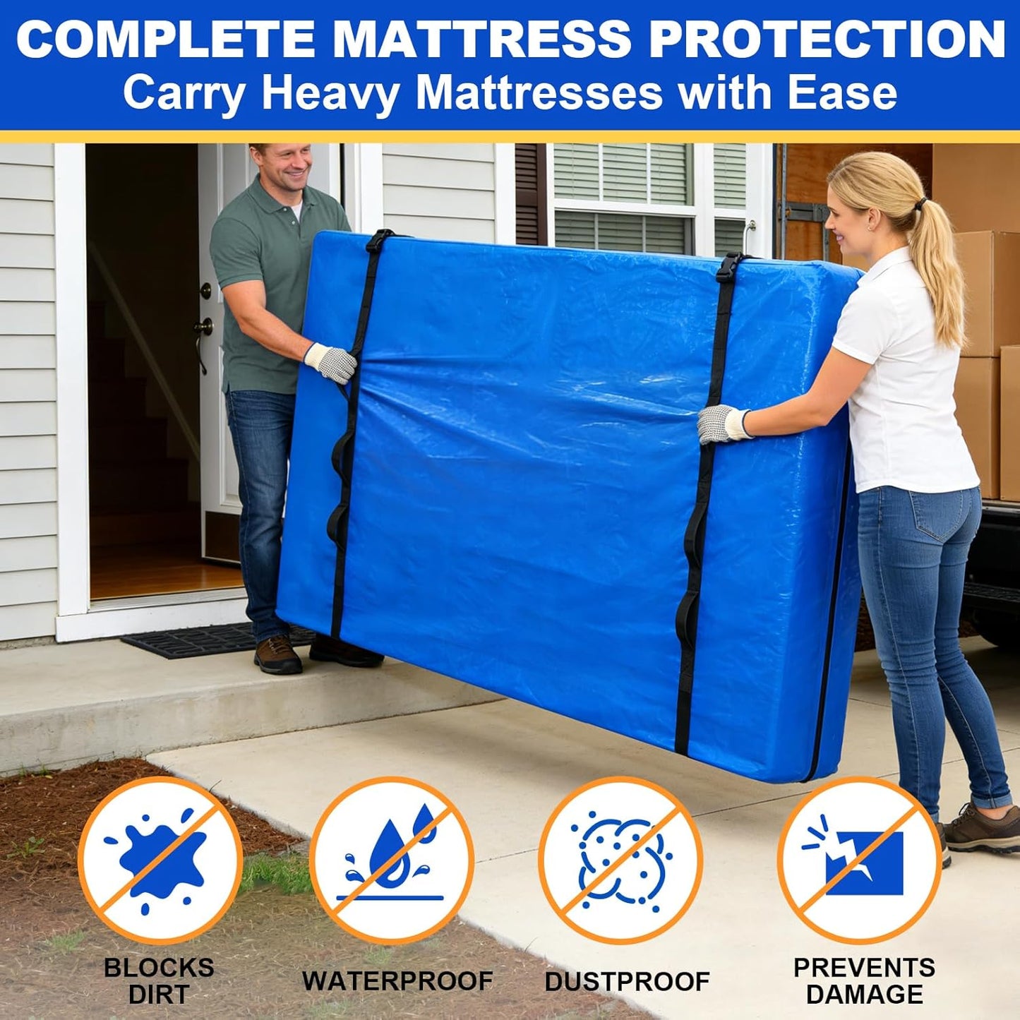 TICONN Queen Mattress Bag - Heavy Duty Storage Cover with Full-Around Handle & Adjustable Buckles | Blue