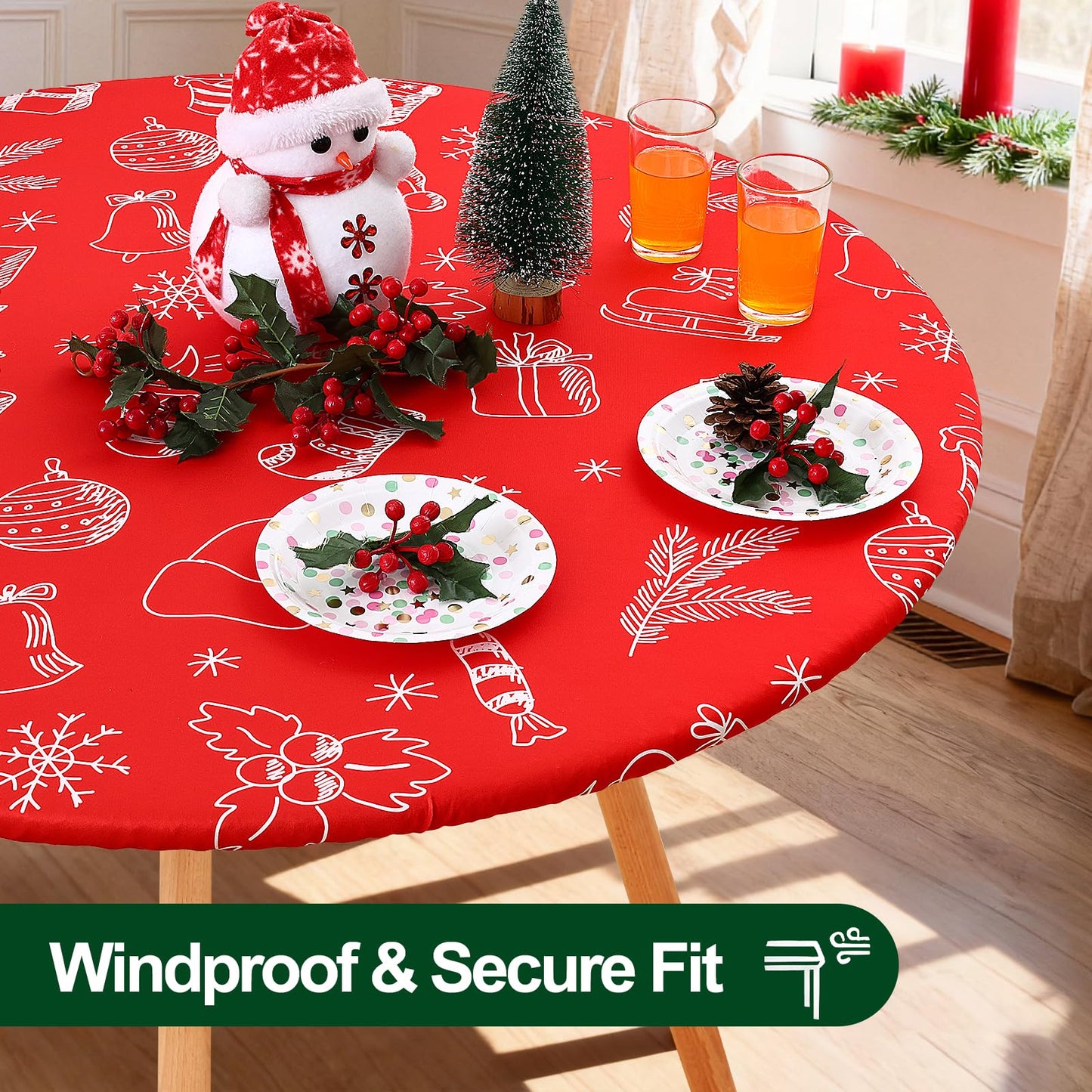 Smiry Round Spandex Tablecloth, Elastic Fitted Washable Tablecloths for 36"-44" Tables, Waterpoof Stretch Picnic Table Cover for Dining, Indoor and Outdoor, Holly Berry & Gift