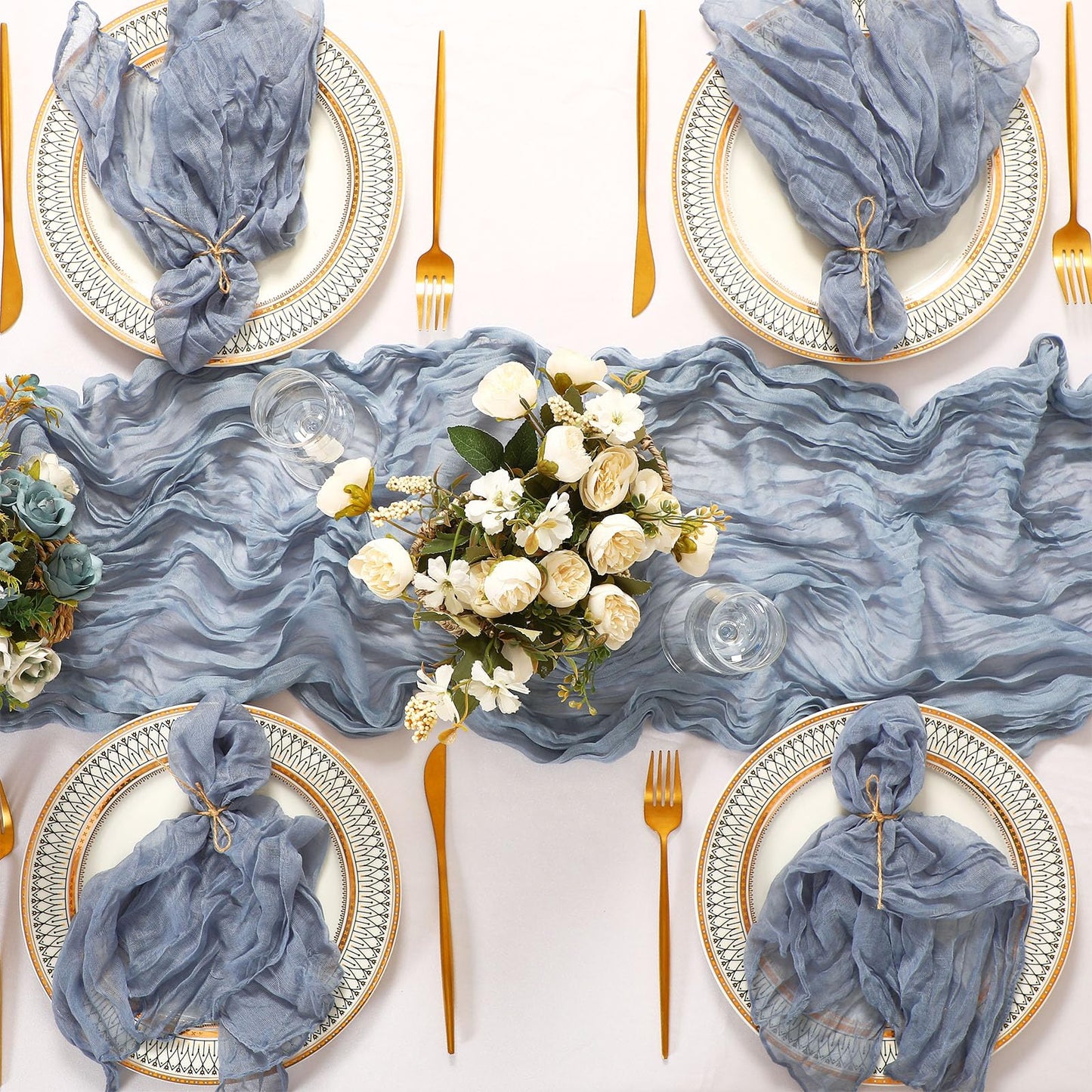Windkream 2 Cheesecloth Table Runners and 24 Napkins Set, 10Ft Boho Cheese Cloth Table Runners 20 x 20 Inch Rustic Wrinkled Gauze Napkins for Wedding Birthday Baby Shower Party Decor (Dusty Blue)