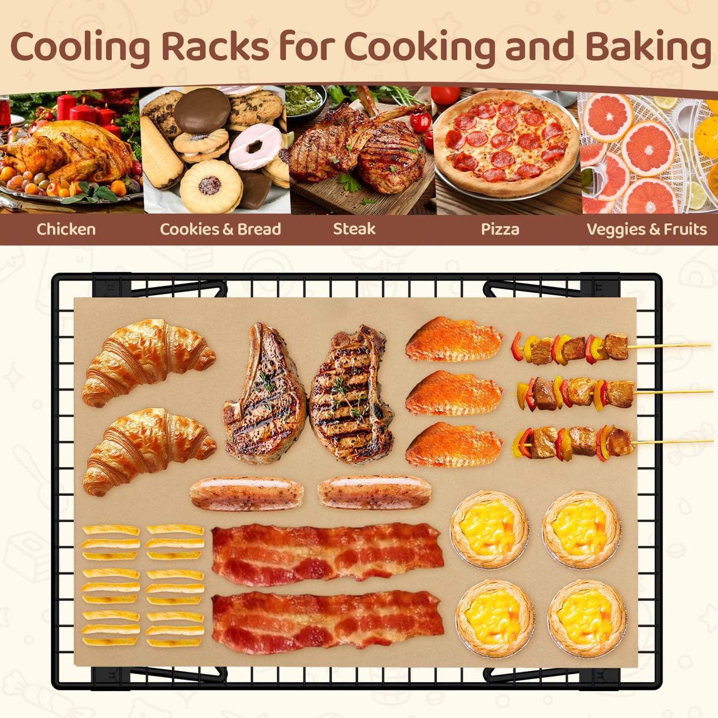 Vehookin 3 Tier Stackable Cooling Rack for Cooking and Baking, Wire Rack for Baking Sheet w/50 Parchment Papers, 13.4" x 9" Cookie Cooling Rack for Pizza, Bread, Cake,Veggie,Jerky, Drying Baking Rack