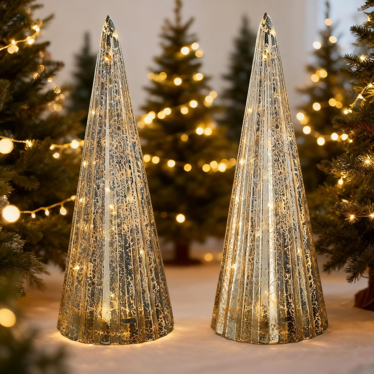 Regine Switzerland Mercury Glass Christmas Tree Set - Silver LED Collectible Figurines for Indoor Decor