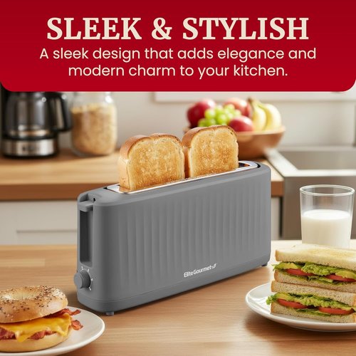 Elite Gourmet SLIMTOAST™ 2-Slice Long Slot Toaster - Cool-Touch Body & 6 Toast Settings | Extra Wide 1.5” Slot in Grey