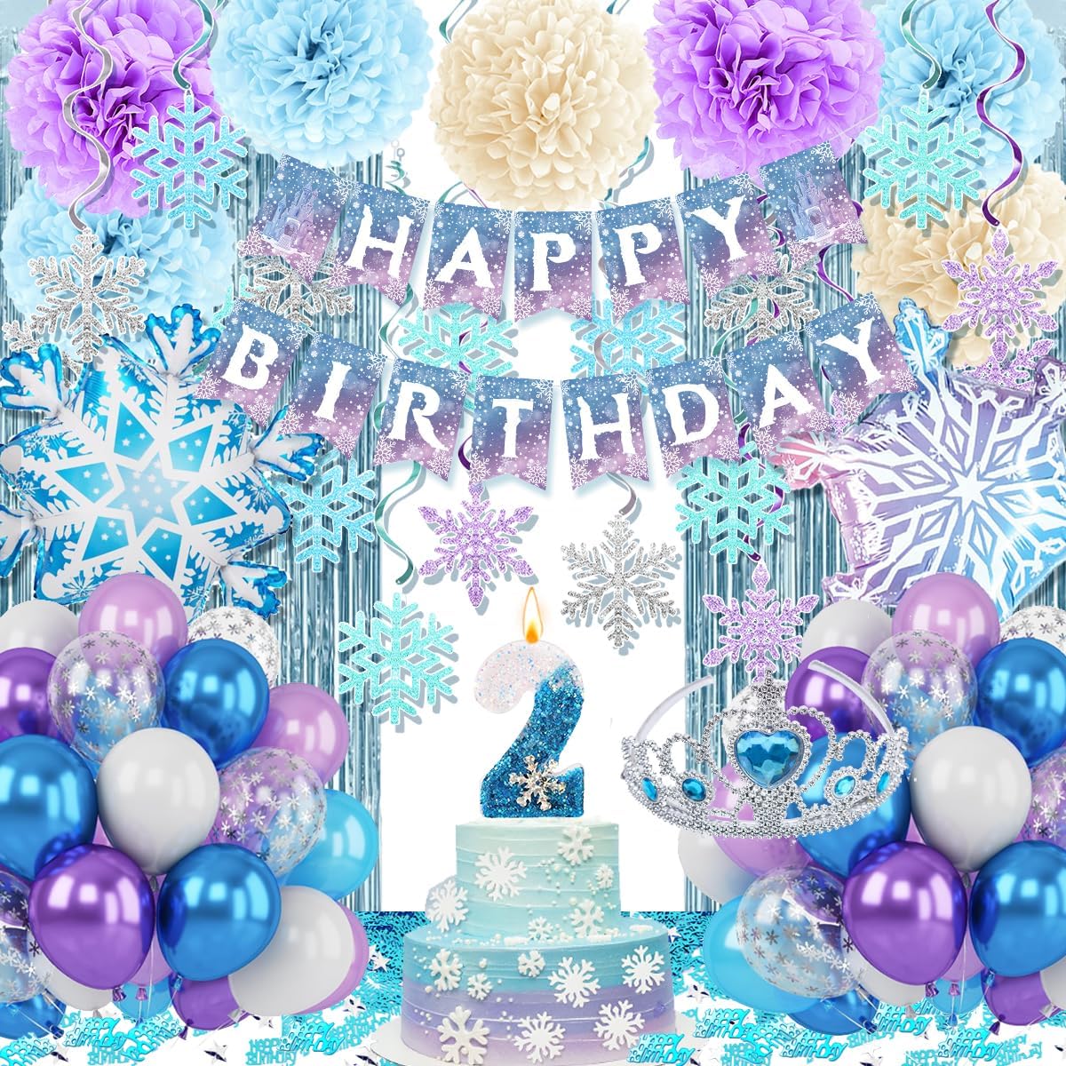 Winter Snow Birthday Decorations by [Brand Name] - 2nd Birthday Party Supplies with Balloons, Crown & Banner