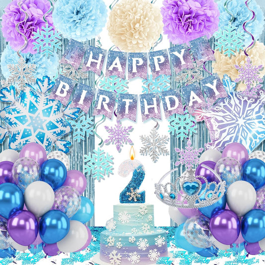 Winter Snow Birthday Decorations by [Brand Name] - 2nd Birthday Party Supplies with Balloons, Crown & Banner