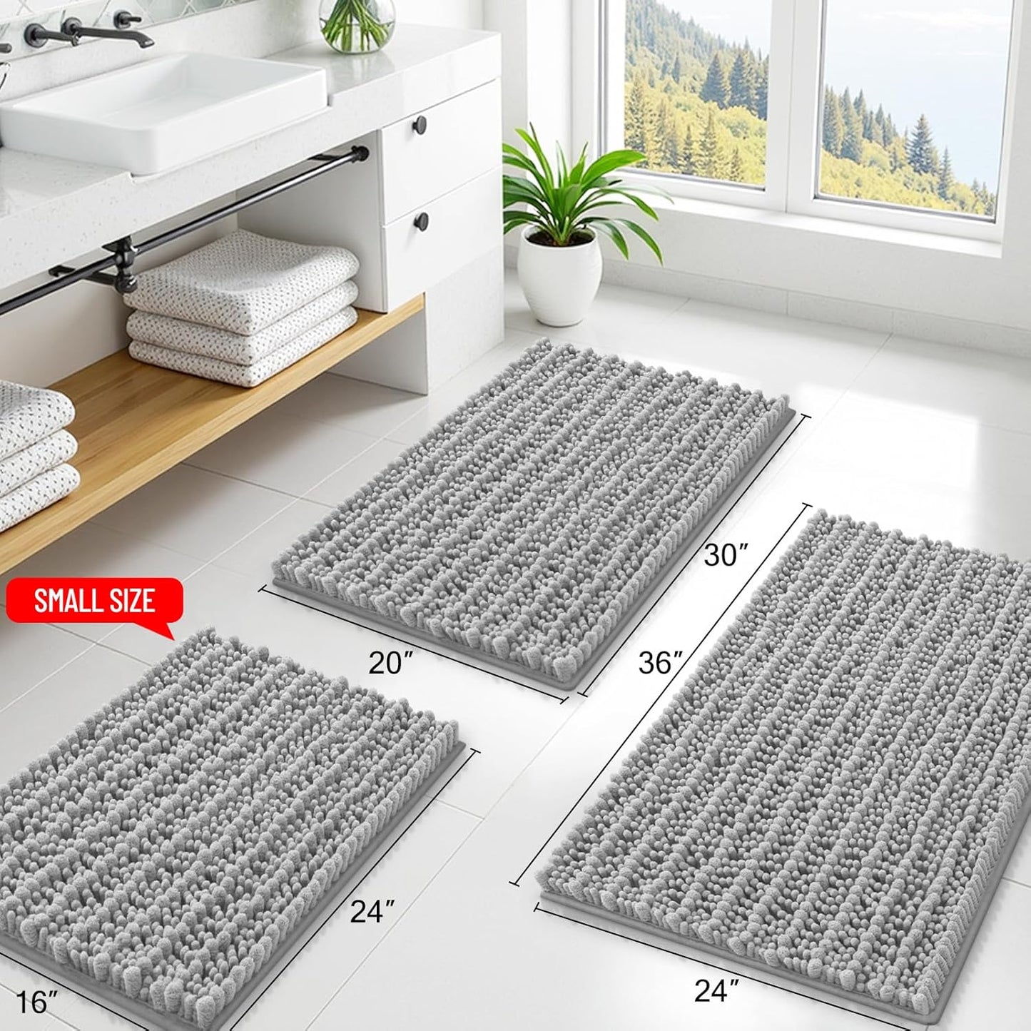 Smiry Bathroom Rugs - Extra Soft Chenille Bath Mat with Non-Slip Backing | 24x16 Light Grey