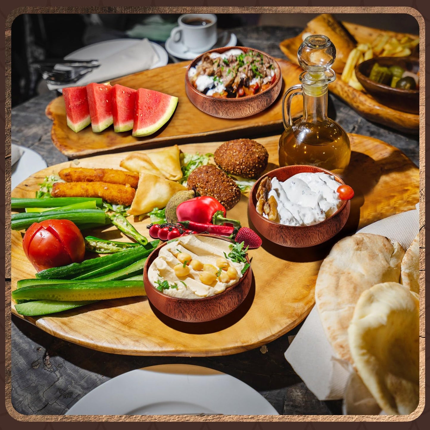Skylety 6 Pcs Acacia Wooden Bowls Small Calabash Bowls Round Wood Salad Hand Carved Calabash Dip Tray for Serving Popcorn Pasta Coconut Nuts Sauce Appetizers Home Kitchen (4 Inch)