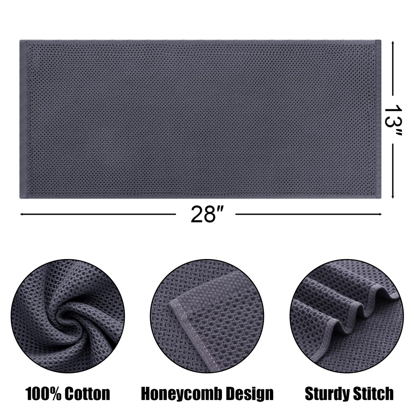 Kitinjoy 100% Cotton Waffle Weave Kitchen Hand Towels (13 X 28 Inches, Dark Grey), 6-Pack Super Soft and Absorbent Dish Towel for Drying Dishes