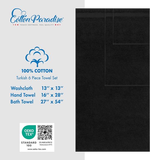 Cotton Paradise 6-Piece Towel Set - 100% Soft Absorbent Turkish Towels | Black Bath Towels, Hand Towels & Washcloths