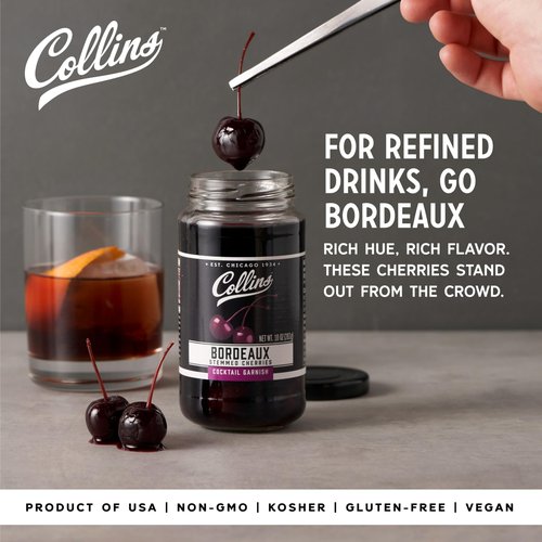 Collins Stemmed Black Cherries for Cocktails, Old Fashioned, Manhattan, and Whiskey Sour, Cocktail Cherry in Bordeaux Syrup, Garnish for Mocktails, Party Drinks, Baking, Desserts, 10 oz