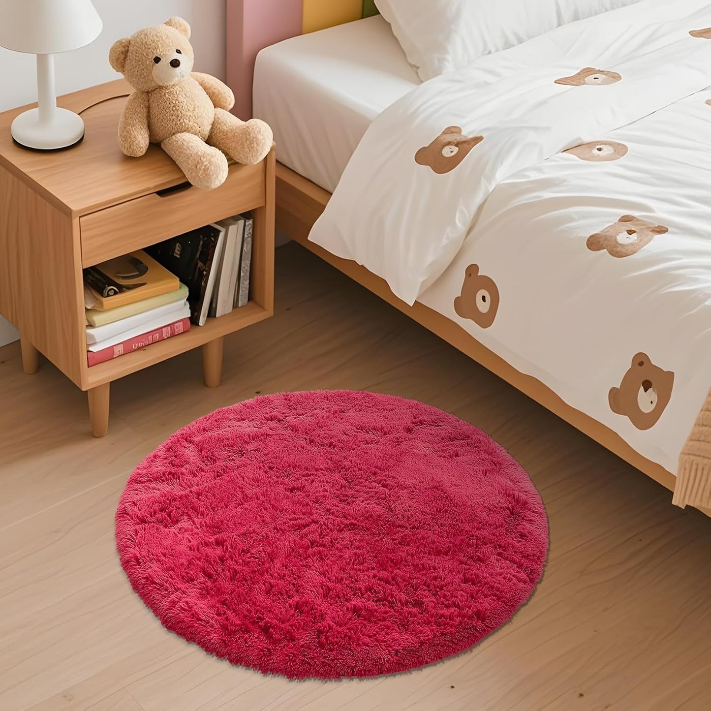 OLANLY Red Round Area Rug - Soft, Fluffy, Machine Washable 2 ft Circle Carpet for Bedrooms & Nurseries