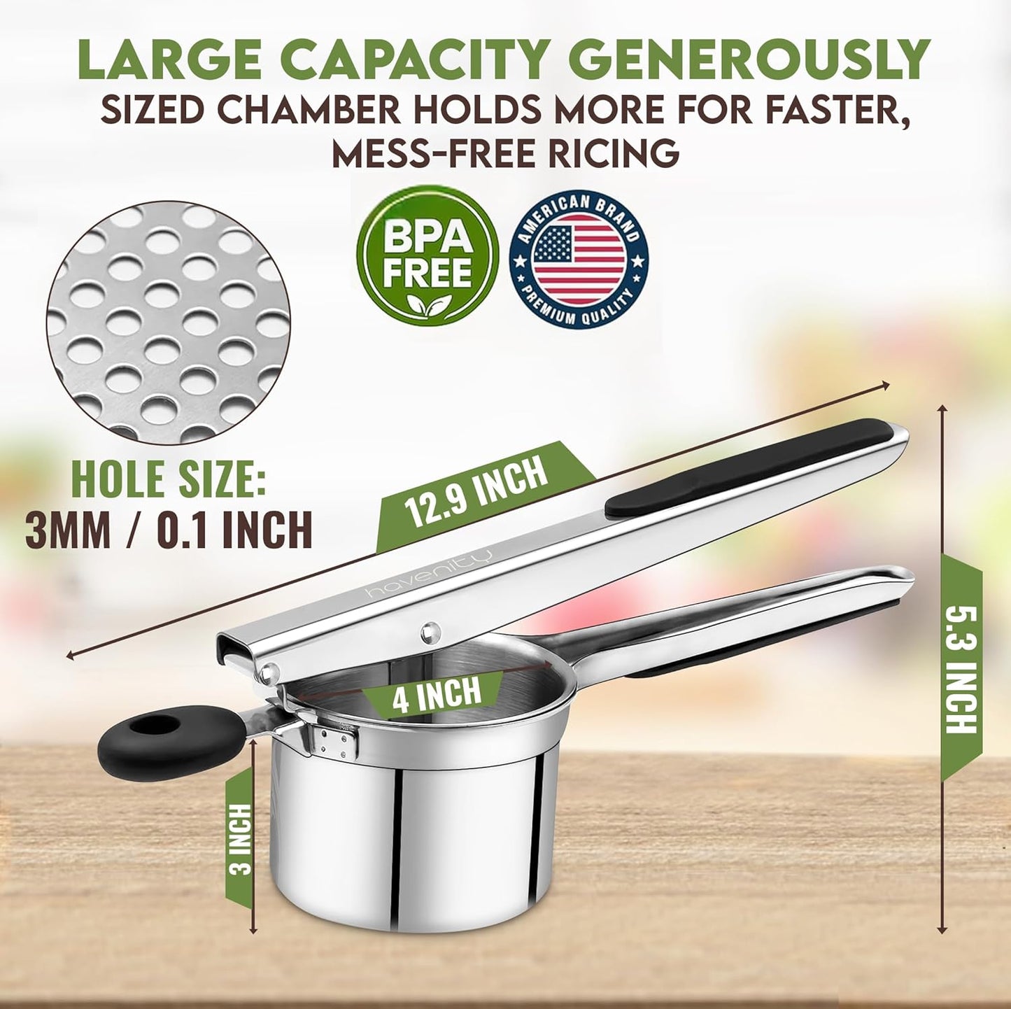 Skiennix 15oz Potato Ricer - Heavy Duty Stainless Steel Masher with 3 Discs | Non-Slip Baby Food Squeezer