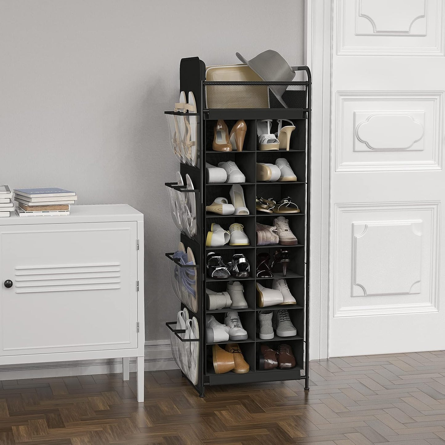 Simple Houseware 16-Cube Shoe Stand Tower Rack - 8-Tier Design with Top Shelf & Side Pockets | Black
