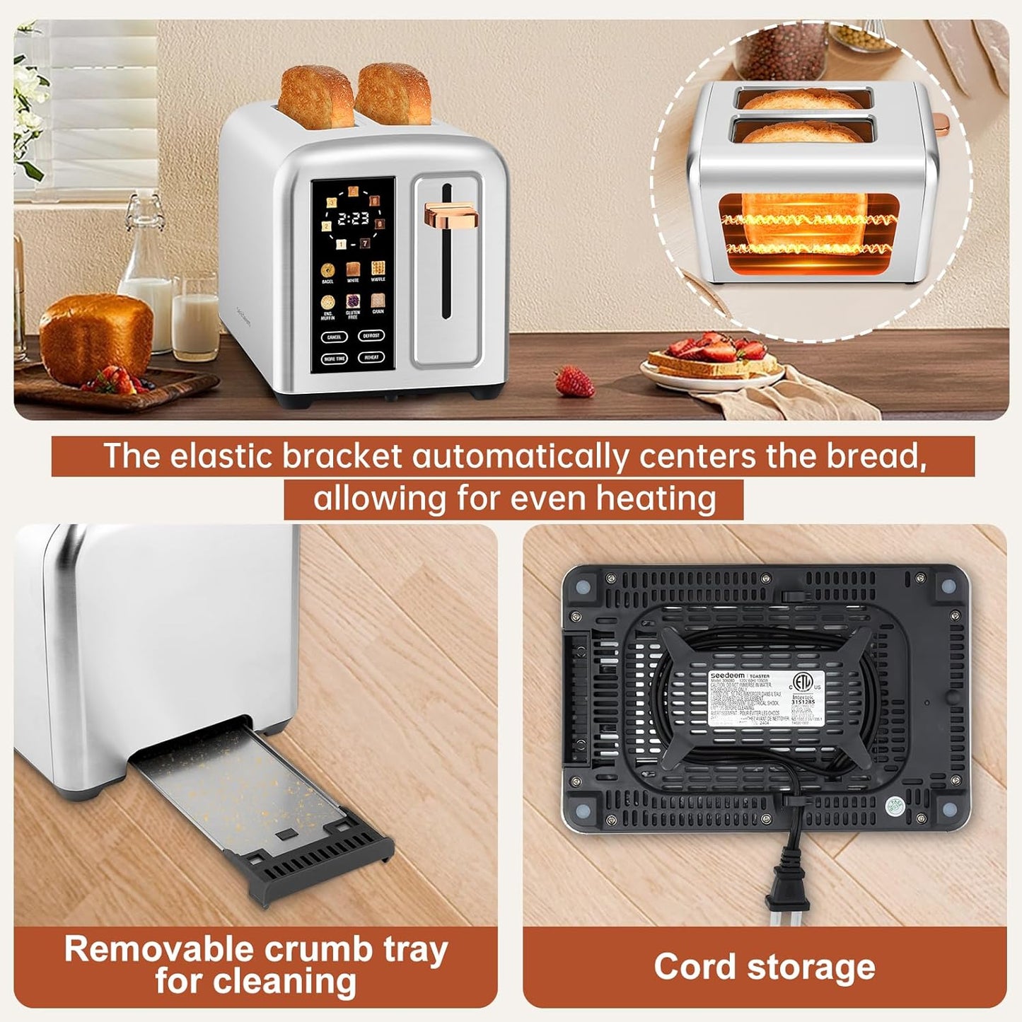 SEEDEEM 2-Slice Toaster - Touch Screen, Faster Heating, 7 Shade Settings, 1.5” Wide Slots, Silver Metallic