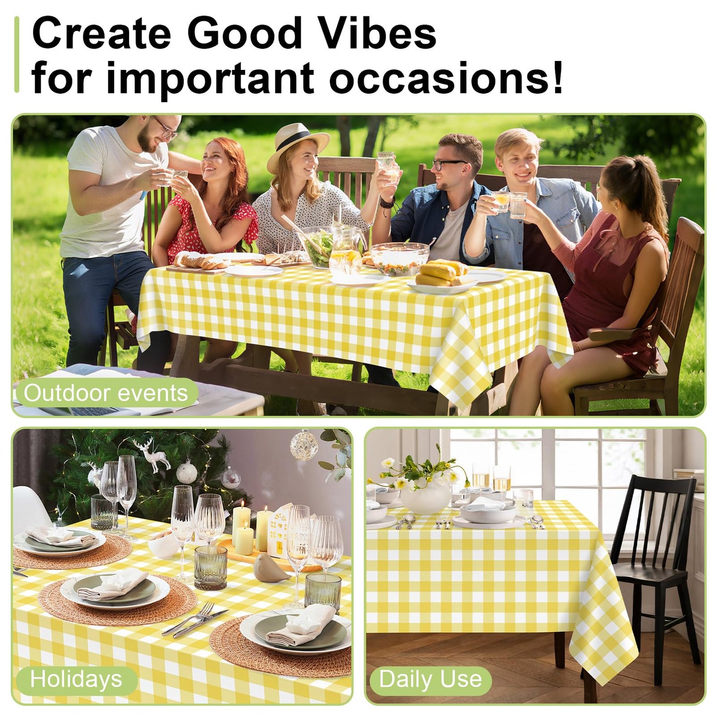 QIKSION Yellow Gingham Tablecloth Disposable 6 Pack, 54 x 108 Inch Yellow and White Checkered Table Cloth for Easter Decorations, Birthday Party Supplies, Rectangle, Plastic Table Cover