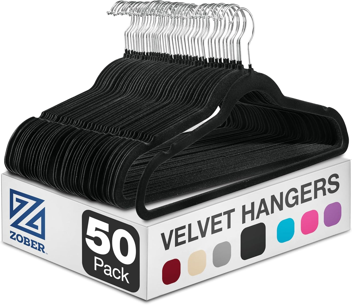 ZOBER Black Velvet Hangers - Non-Slip 50 Pack Clothes Hangers with 360° Swivel | Holds Up to 10 lbs