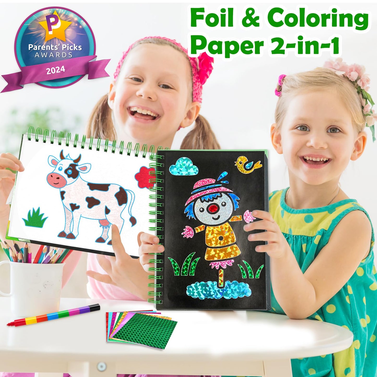 FUNNYB&G Foil Art Craft Kit for Girls 4-10 Years Old: Mess-Free & No-Glue, Create 16 Sparkly Farm Pictures – Perfect Travel Toy & Birthday Gift for Kids（Farm