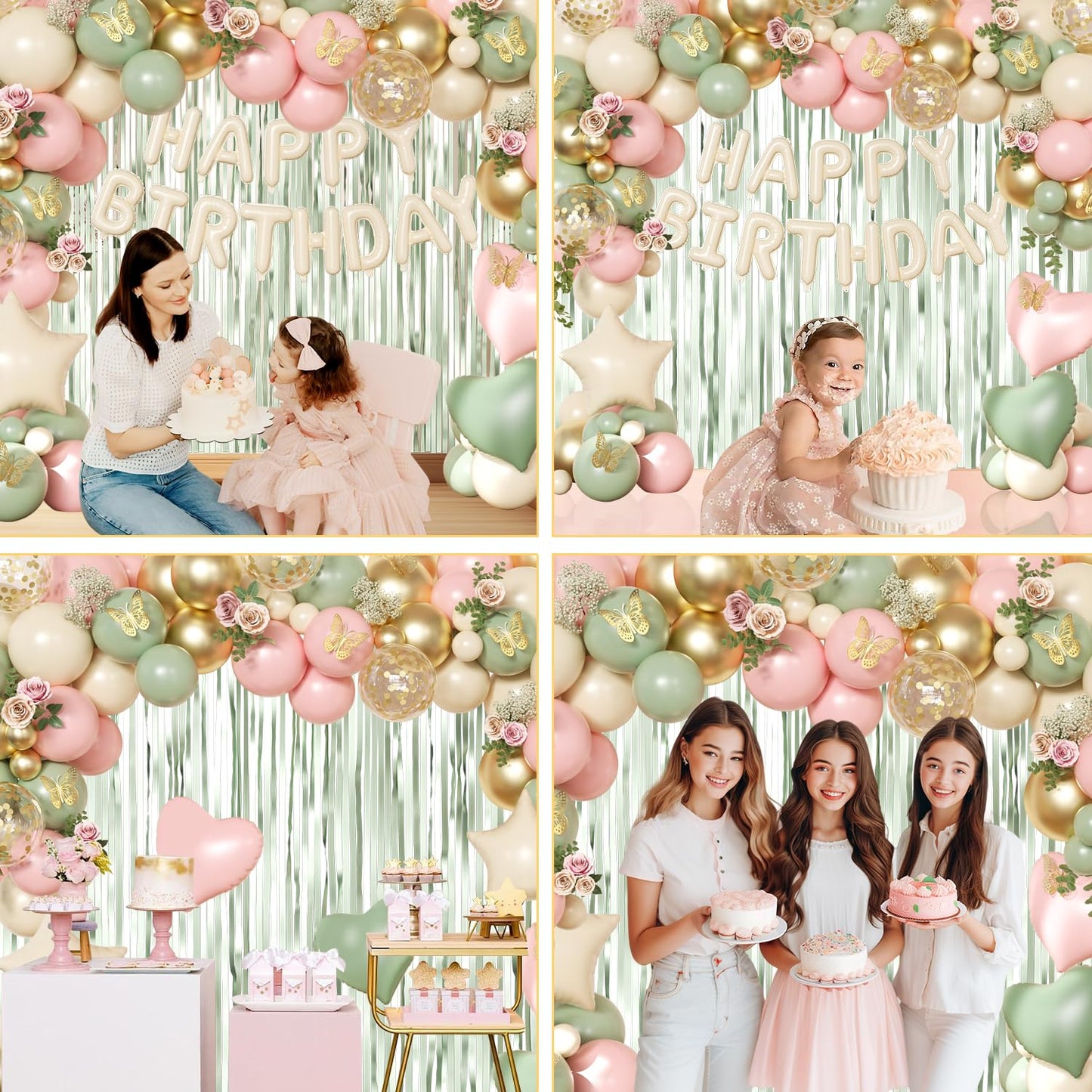 Pink and Sage Green Birthday Decorations, Pink Green Sand White Metallic Gold Foil Confetti Balloons Happy Birthday Banner Gold Butterfly Fringe Curtains Birthday Decorations for Women Girls Teens