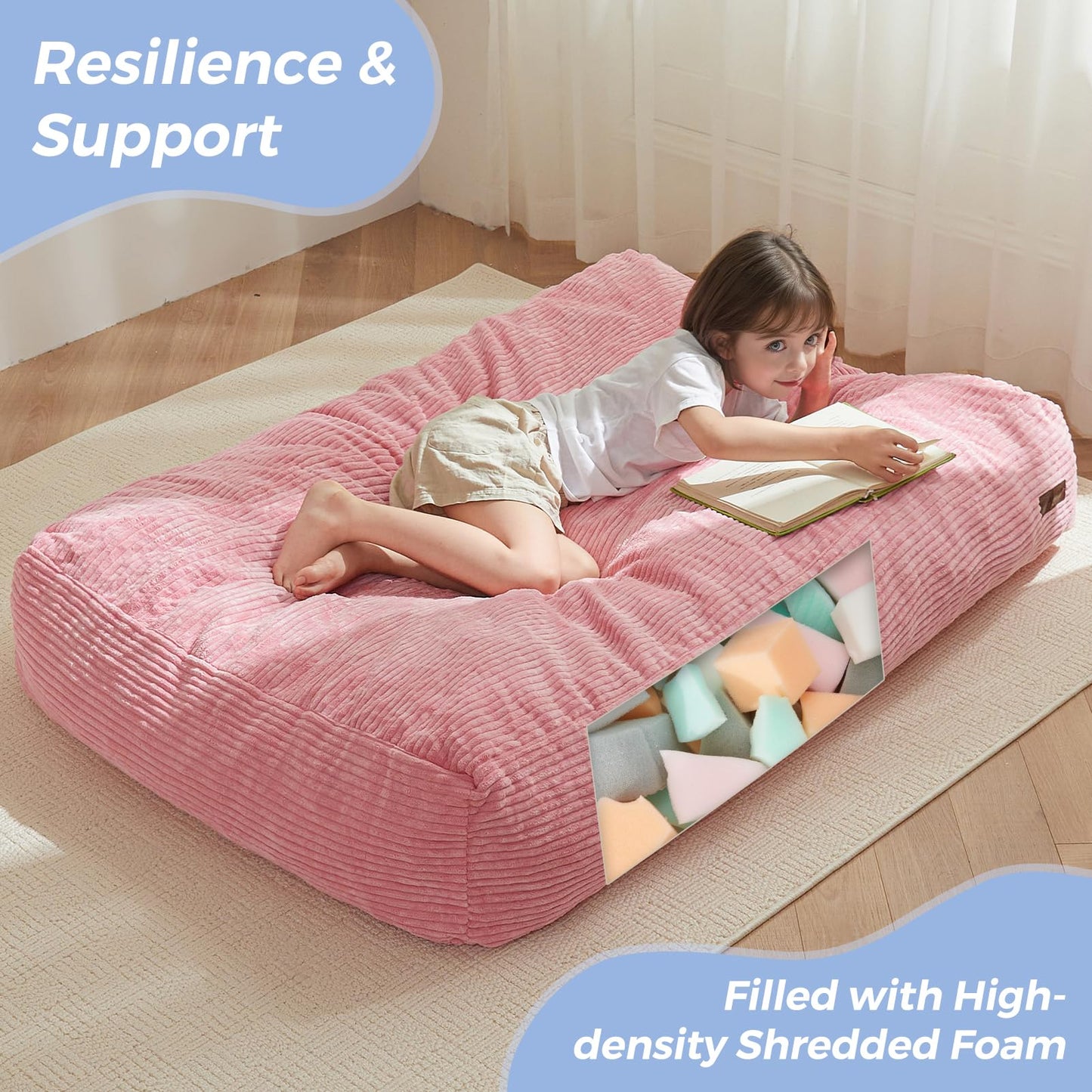 MAXYOYO Bean Bag Chair Bed for Kids, Convertible Bean Bag Folds from Lazy Chair to Floor Bed, Machine Washable Corded Fabric, Stuffed Floor Sofa Couch for Boys and Girls, Pink