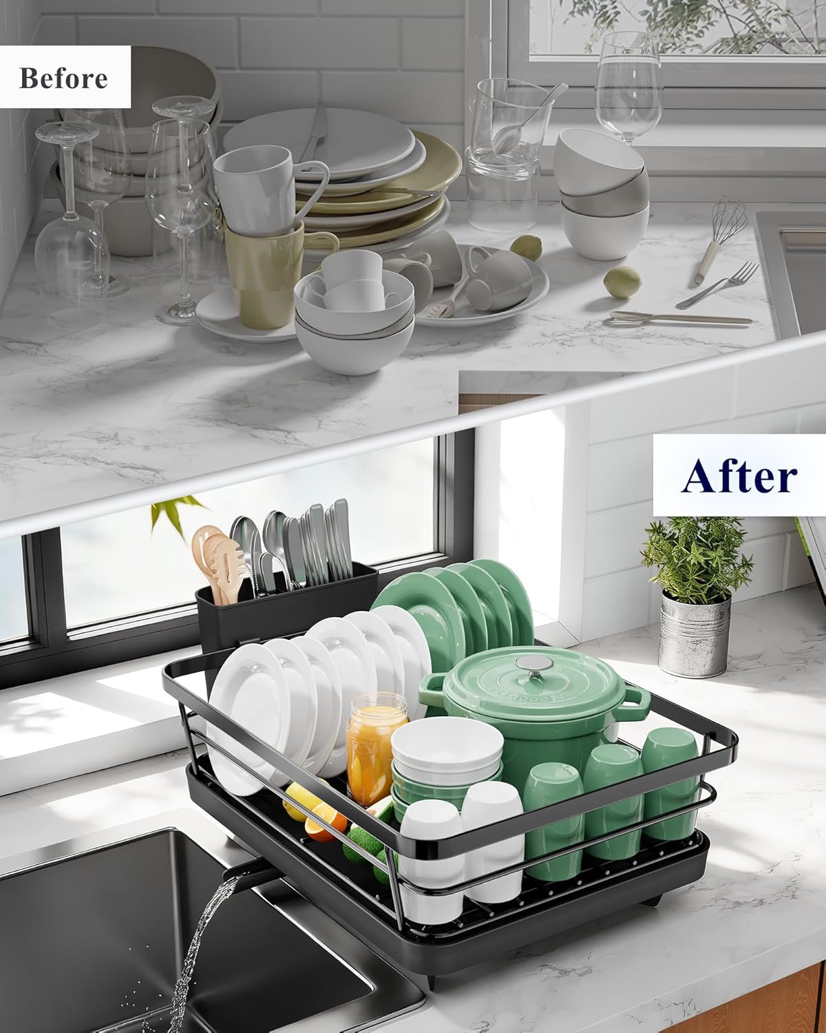 Kitsure Dish Drying Rack - Stainless Steel Kitchen Sink Organizer with Cutlery Holder | 12"W x 15.5"L, Black