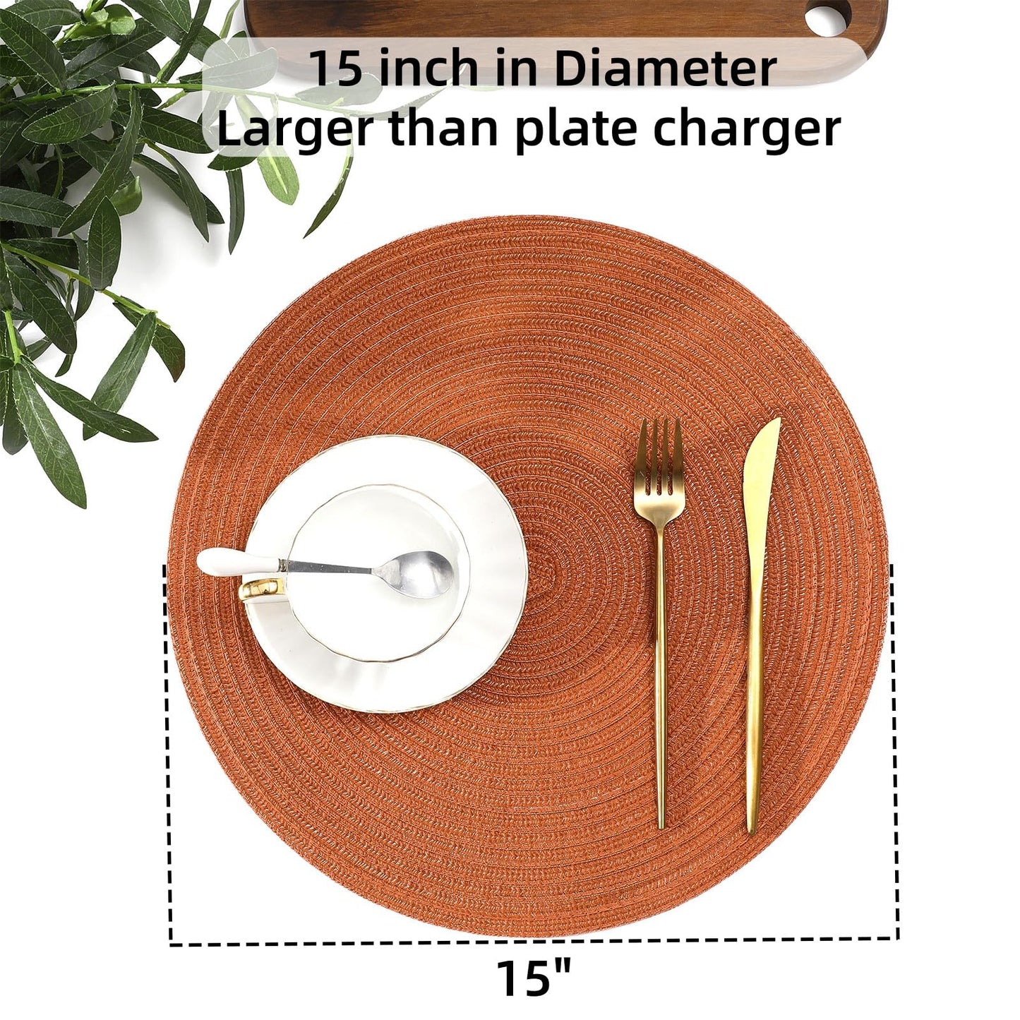 SHACOS Round Placemats Set of 6 Washable 15 inch Round Placemat Cotton Polyester Woven Braided Table Place Mats for Dining Table Decor, Dark Orange
