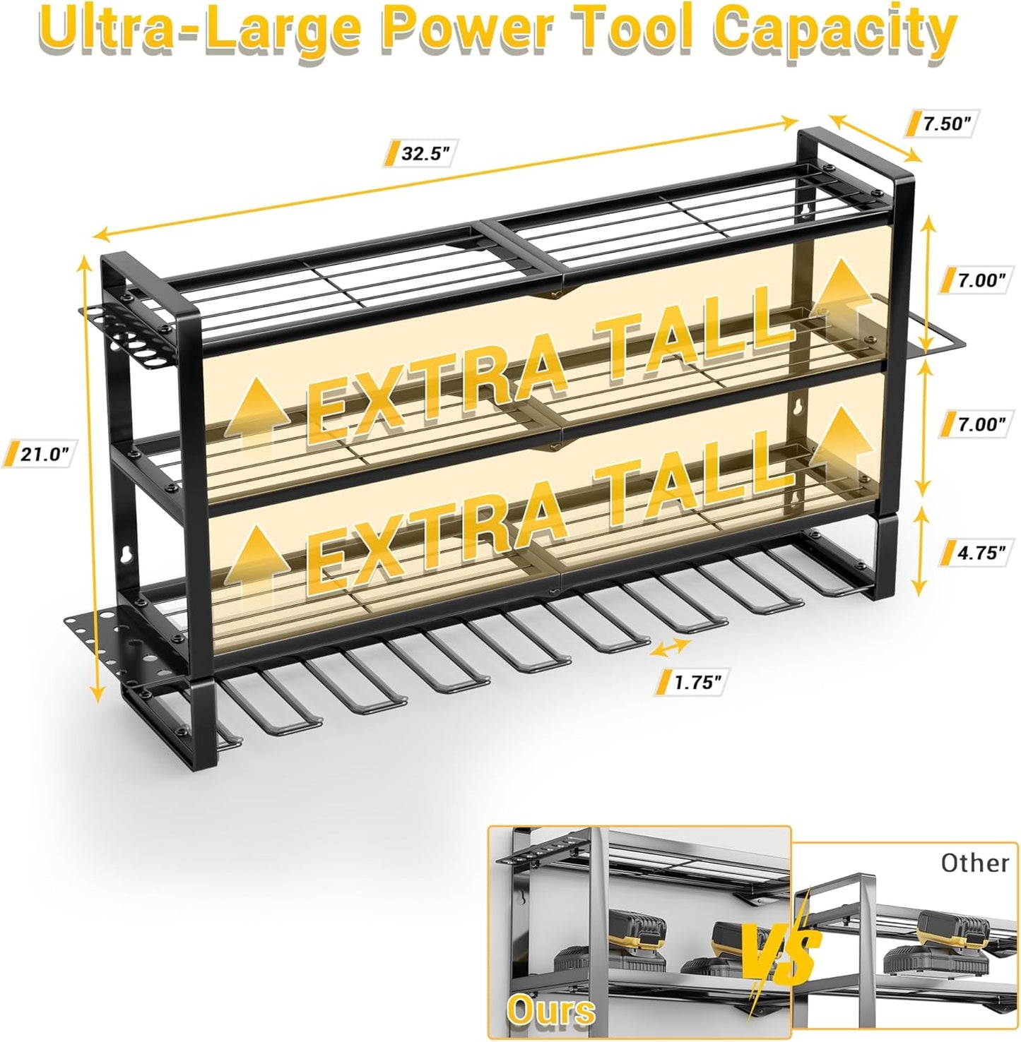 Skiennix Heavy Duty Power Tool Organizer - 4 Layers Wall Mount Rack with 8 Cordless Drill Holders | 400lbs Capacity