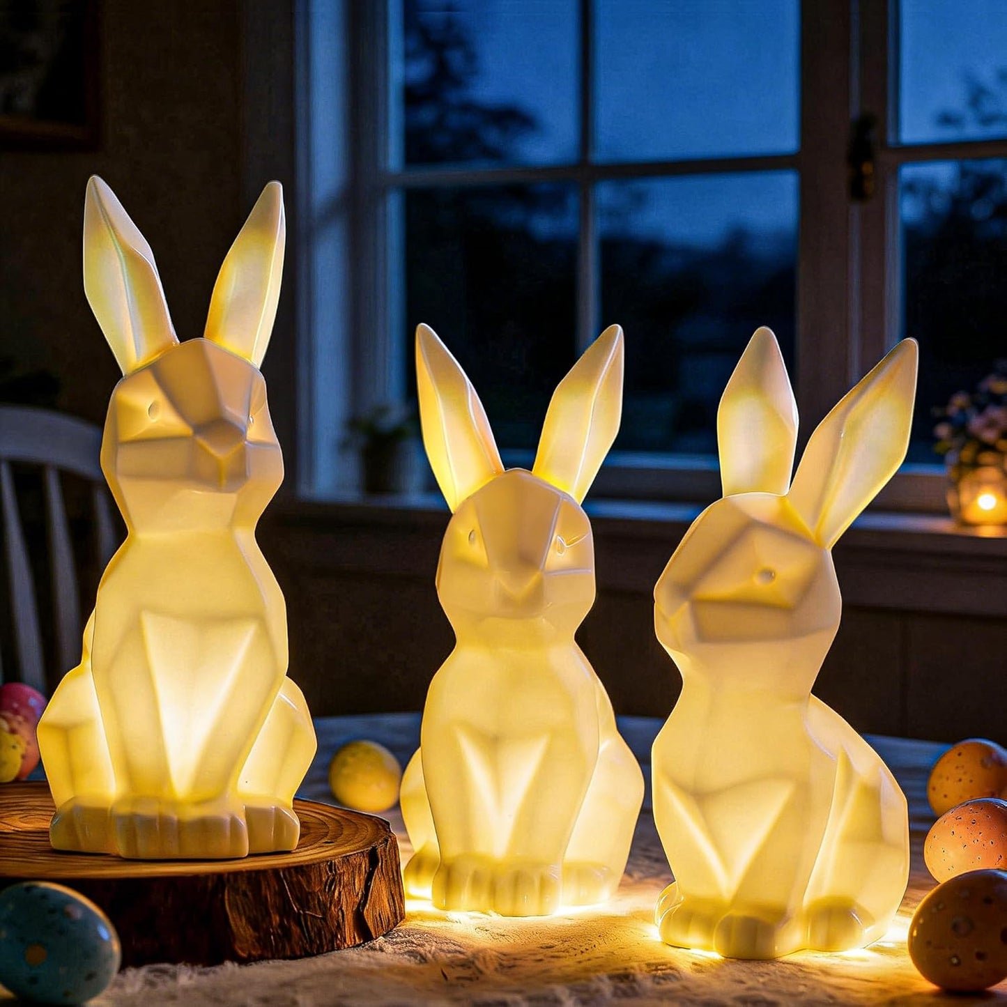 NEROSUN Easter Bunny Decorations - 3 Pack Ceramic White Rabbit Statues | Lighted Table Centerpiece for Spring Decor
