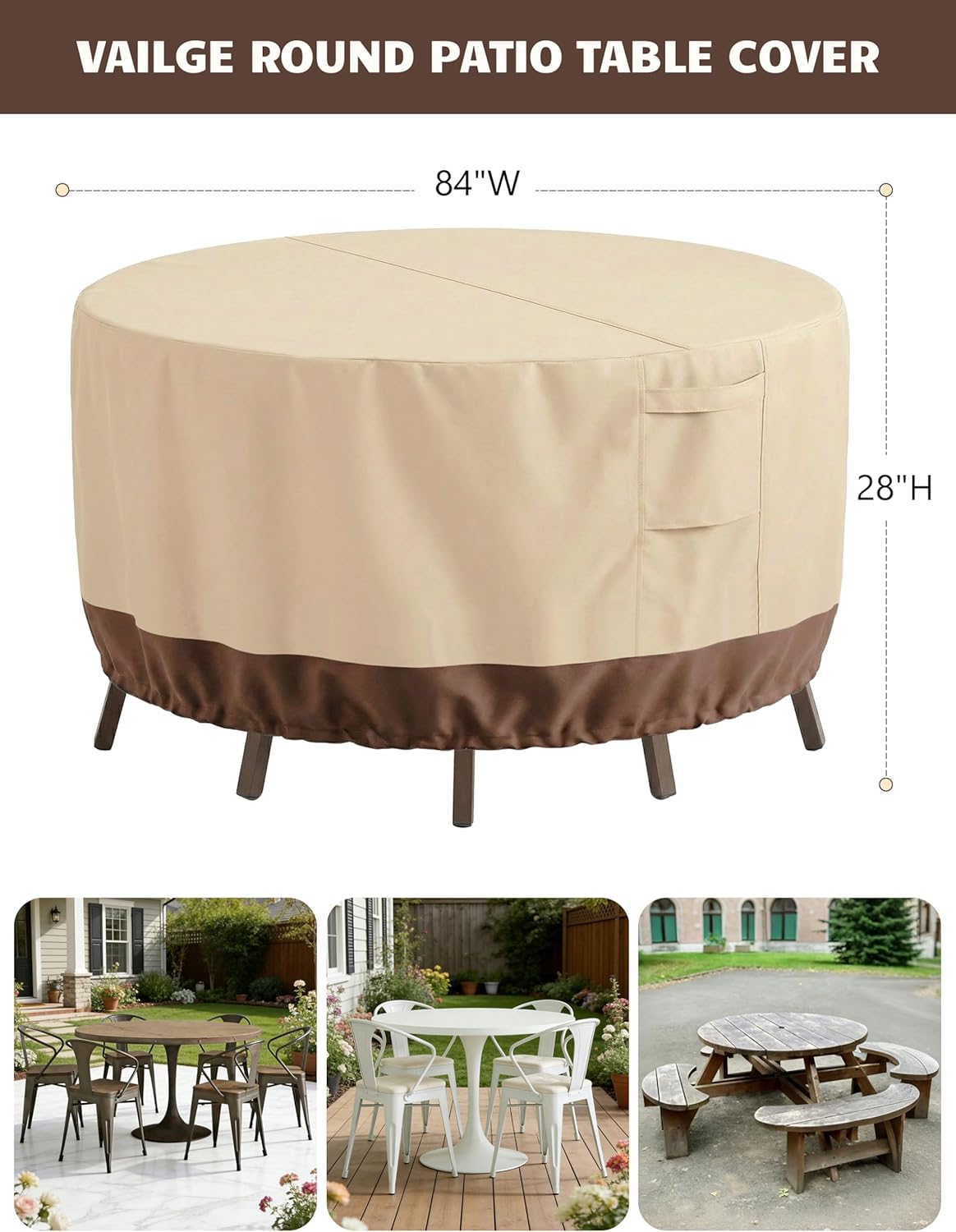 Vailge Outdoor Furniture Covers - Waterproof & Windproof 600D Oxford | Round Beige & Brown, 84" DIA x 28" H