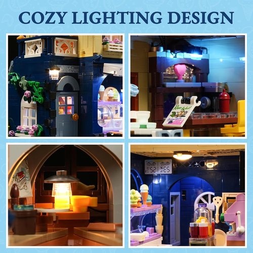 FUNWHOLE Gelato-Store Lighting Building Bricks Set - 1948 Pcs LED Ice Cream Shop Model for Adults