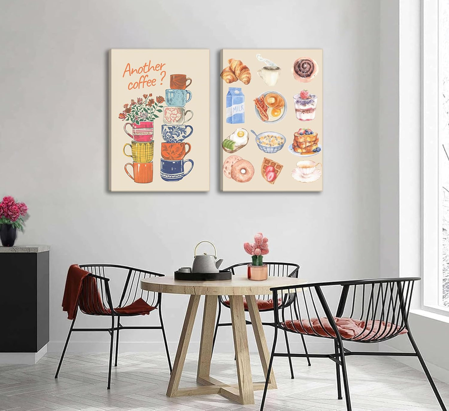 Skiennix Modern Coffee Canvas Wall Art - Colorful Croissant & Coffee Cups Print | Framed Dining Room Decor