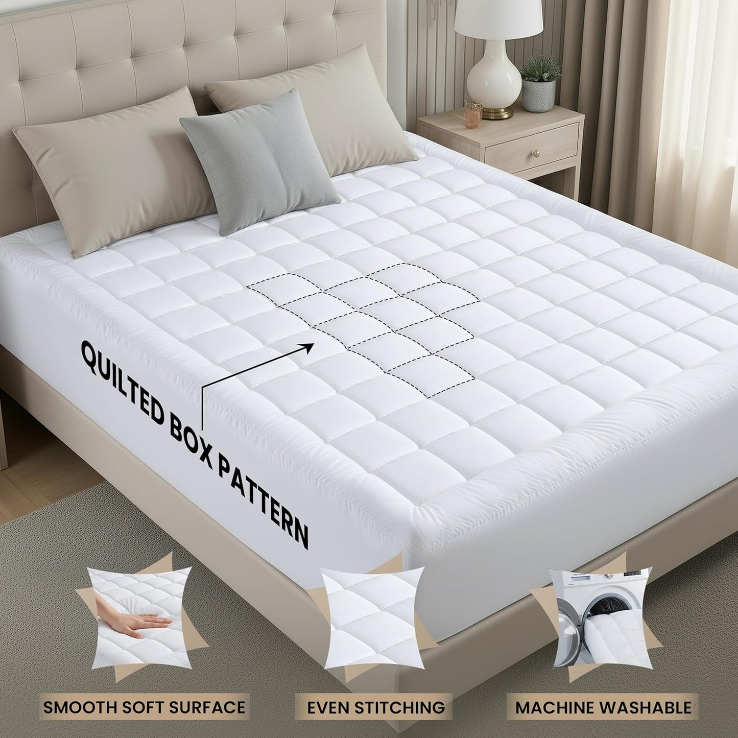 Utopia Bedding Queen Mattress Pad - Quilted Fitted Protector with Fluffy Pillow Top | Deep Pocket 60x80 Inches, White