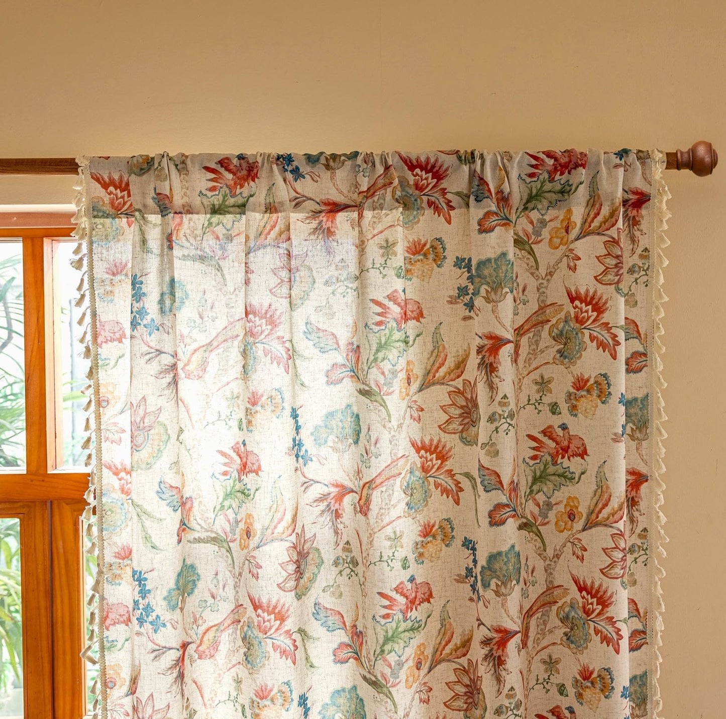 Boho Jacobean Curtains for Living Room 84 Inch Length Colorful Watercolor Bohemian Floral Pattern Linen Window Curtain Panels with Tassel Farmhouse Shabby Chic Drapes Set of 2 W50 x L84 Blue Red