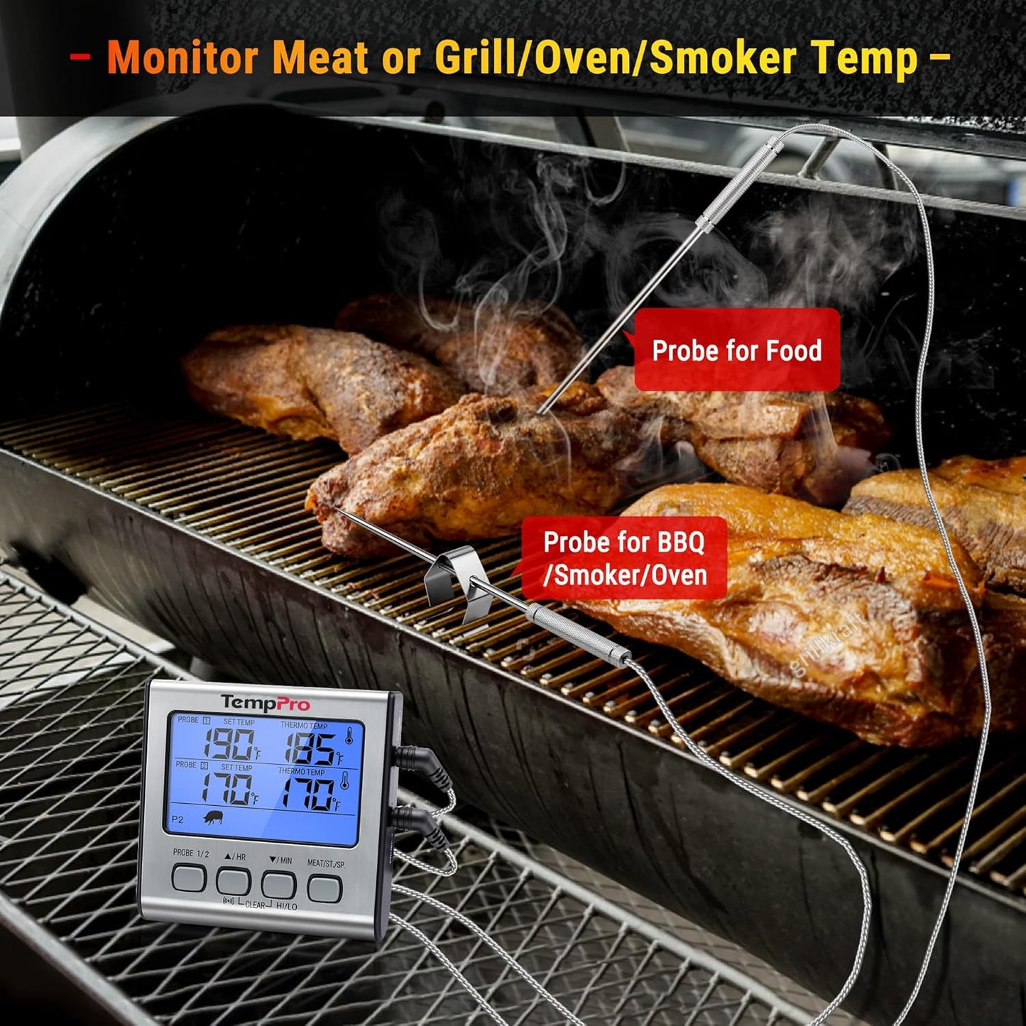 TempPro TP17 Dual Probe Digital Meat Thermometer - Large LCD Backlight & Timer Mode for BBQ, Silver