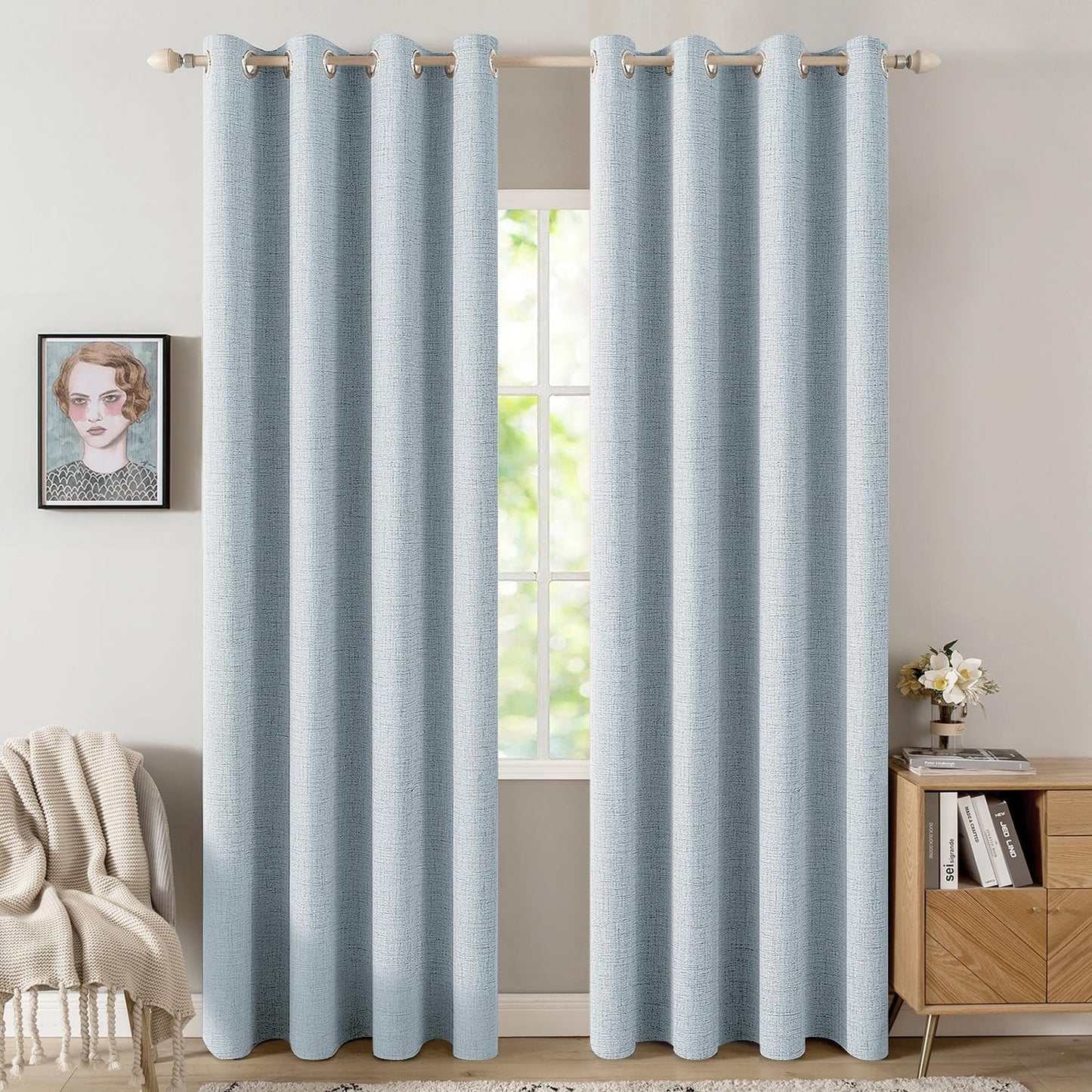 MIULEE Blackout Linen Textured Curtains - Thermal Insulated Chambray Blue | 52 x 96 Inch (2 Panels) for Luxury Bedroom Decor