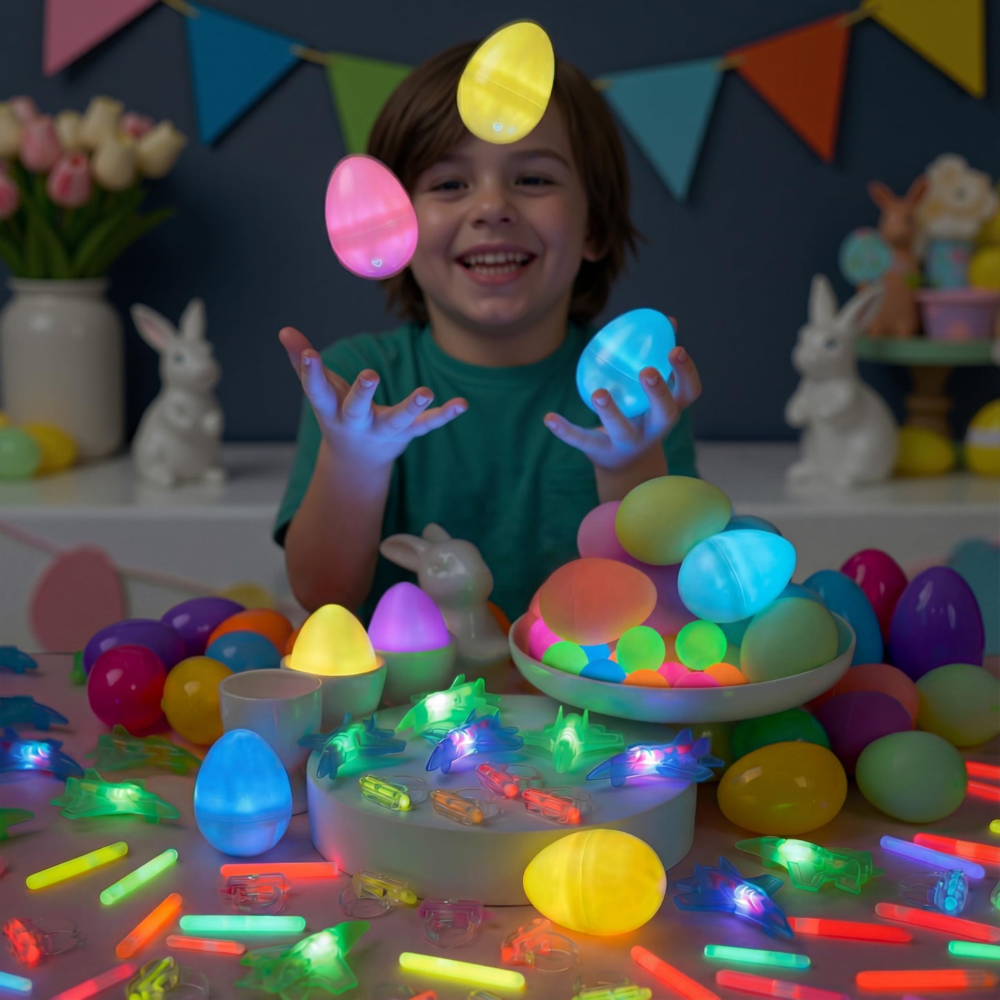 JOYIN 80 Pcs Easter Eggs with Glow Toys, 20 Mini Glow Sticks, 20 Rings, 20 Airplanes, 20 Balls, Glow-In-The-Dark Basket Stuffers for Kids, Filled Easter Egg Hunt, Class Prizes, Party Favors Supplies