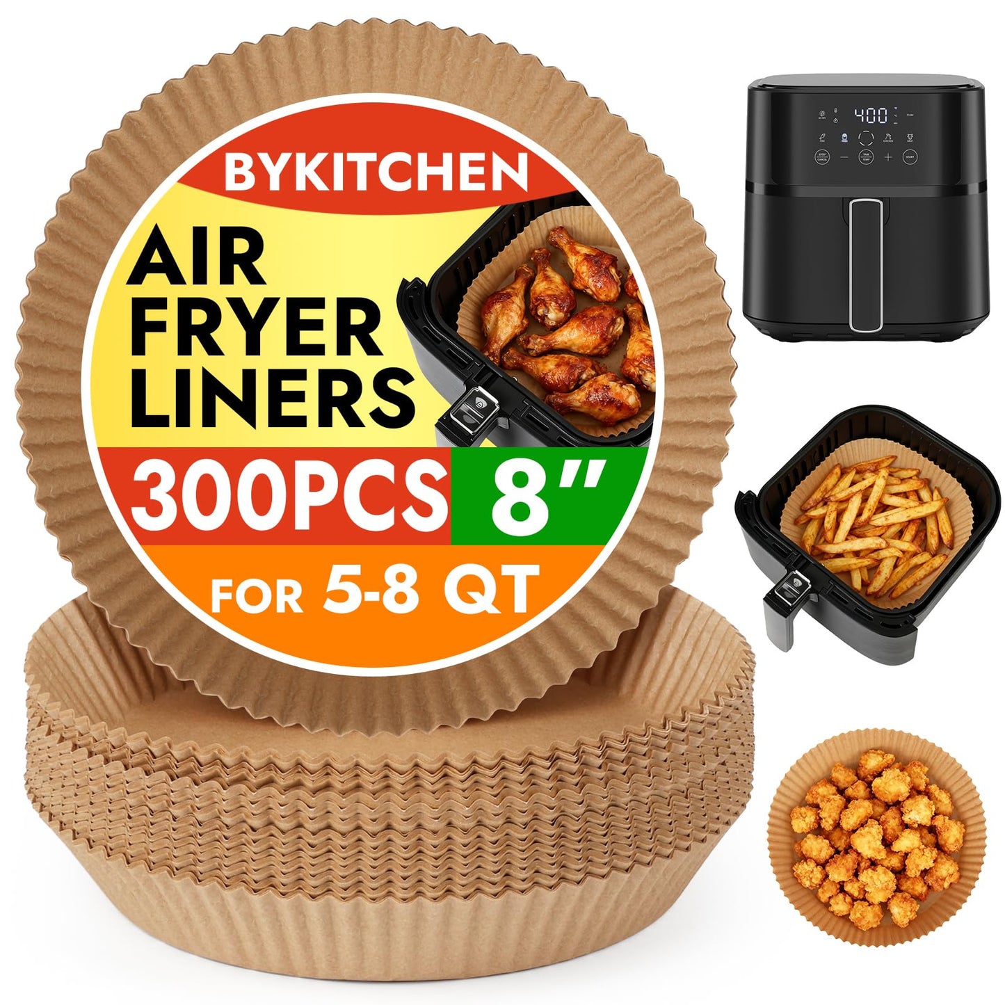 BYKITCHEN 300PCS Disposable Air Fryer Liners for Ninja AF141 5QT Pro AF181 6.5QT, Chefman 6 QT, Cosori 6QT &Other 5 to 8Qt Airfryer, 8 Inch Round Air Fryer Parchment Paper, Airfryer Basket Accessories
