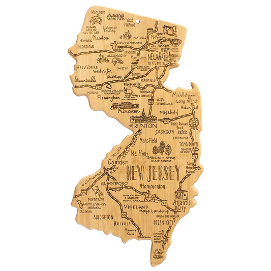 Totally Bamboo Destination New Jersey Shaped Cutting Board – Bamboo Charcuterie and Serving Board with Hang Tie for Wall Display