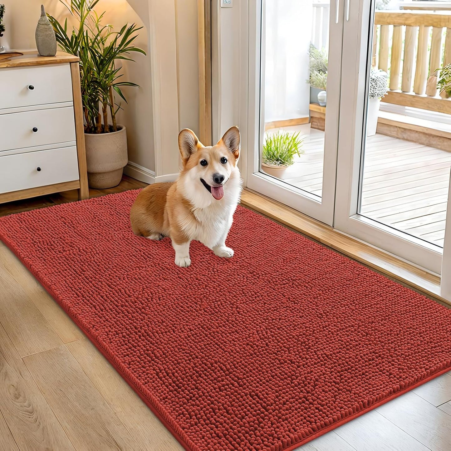 OLANLY Dog Door Mat - Absorbent Non-Slip Washable Chenille Mat for Muddy Paws | 54x32, Maple Red