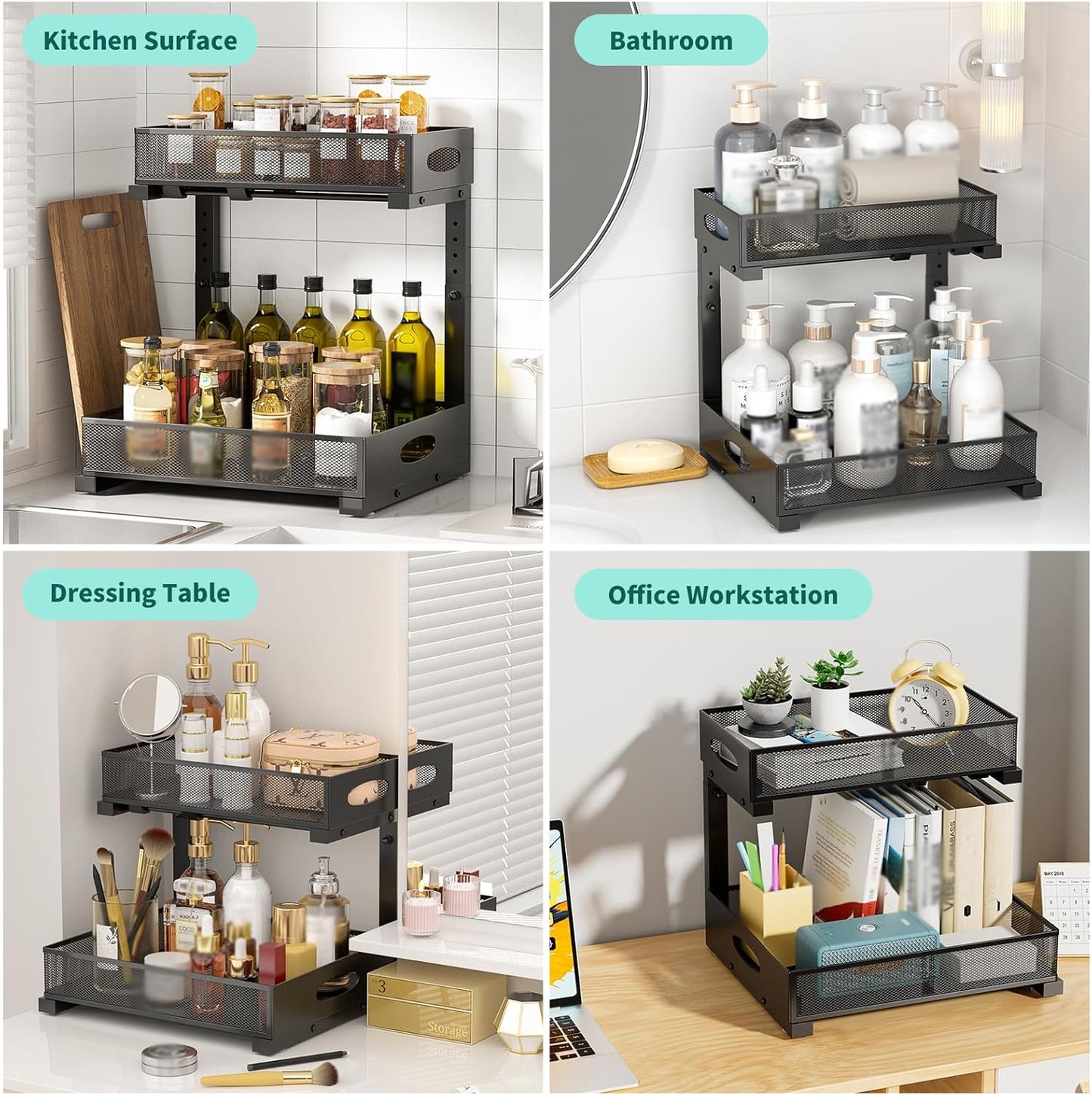 Under Sink Organizer by Extra-Wide - 2-Tier Metal Slide-Out Cabinet Storage | Height Adjustable, Black