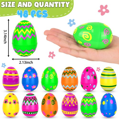 48 PCS 3.1" Plastic Printed Easter Eggs Bulk, Bright Colorful Fillable Empty Easter Eggs Bulks for Egg Hunt, Kids Easter Basket Stuffers Fillers Classroom Prizes Rewards Party Favors for Boys Girls