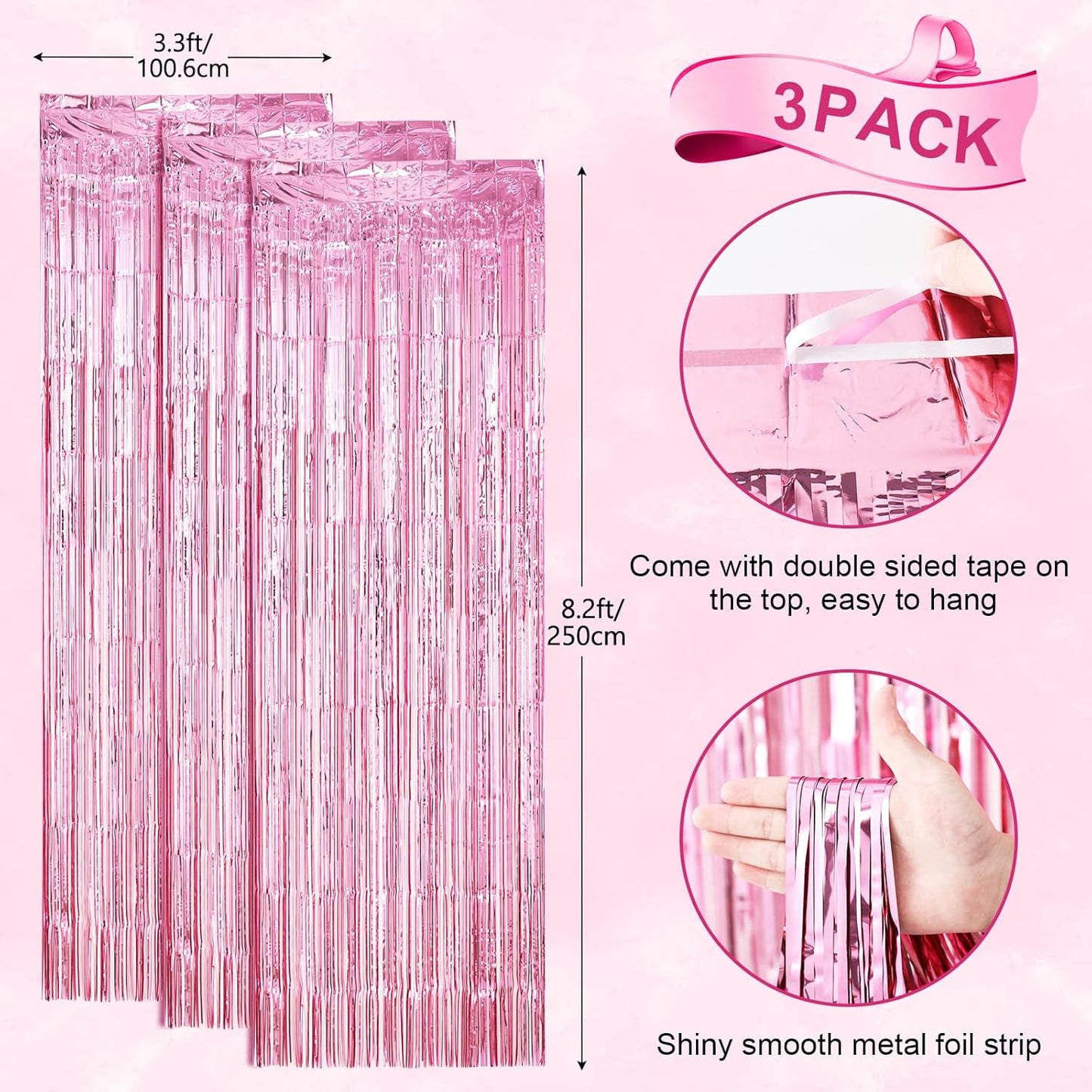 Voircoloria Light Pink Foil Fringe Backdrop Curtains - 3 Pack Tinsel Streamers for Parties & Events