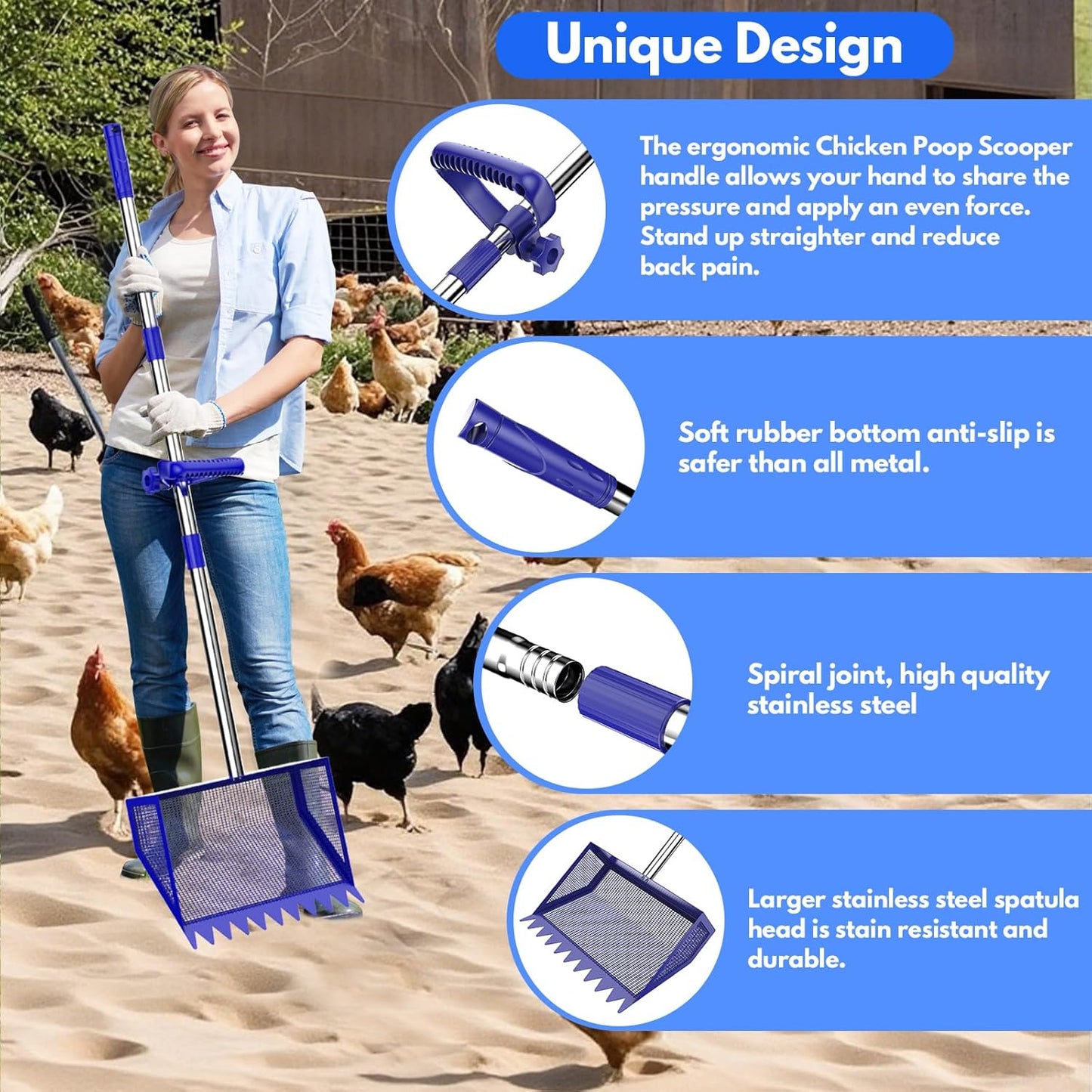 Skiennix Chicken Poop Scooper & Rake - 2-in-1 Stainless Steel Shovel with Handle for Easy Cleanup (Blue, 10")